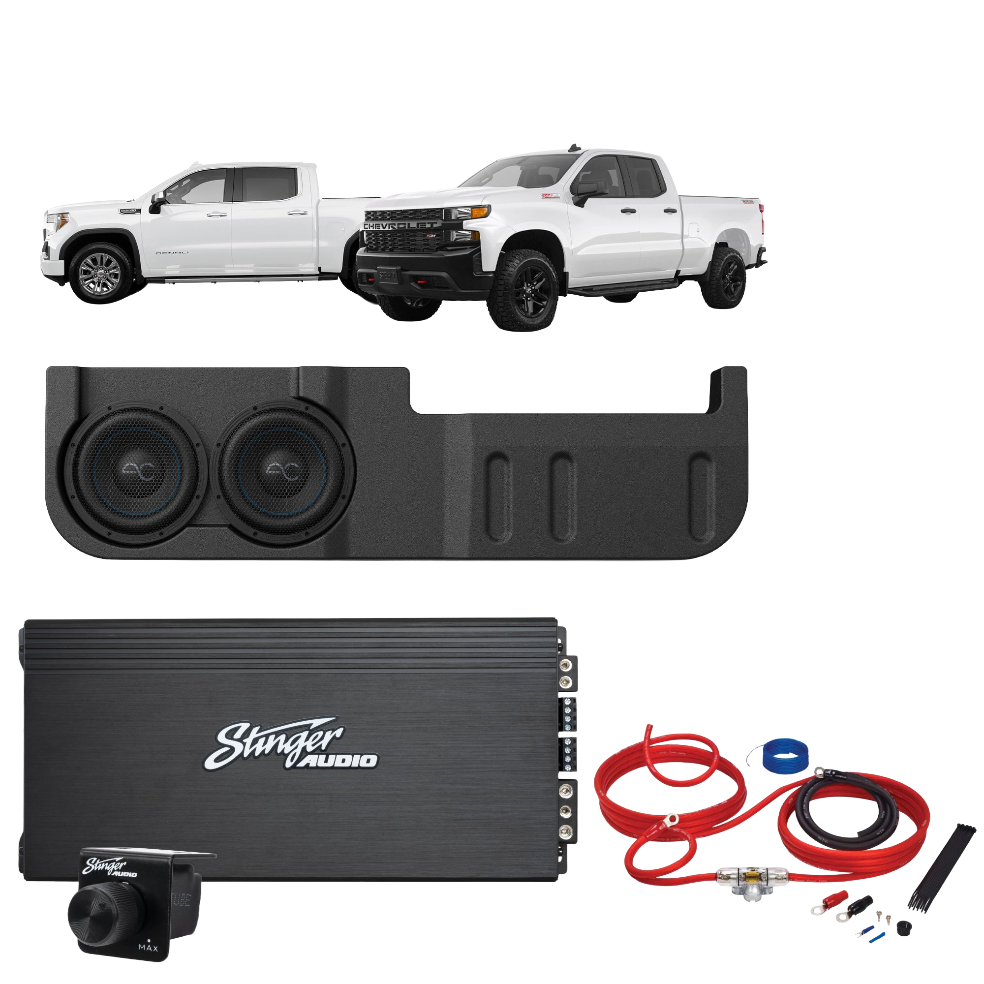 Chevy Silverado/GMC Sierra 1500 (2019+)/2500/3500 Crew Cab (2020+) Dual 10" Loaded Subwoofer Enclosure with Stinger Audio 2000W Monoblock Amplifier & Wiring Kit