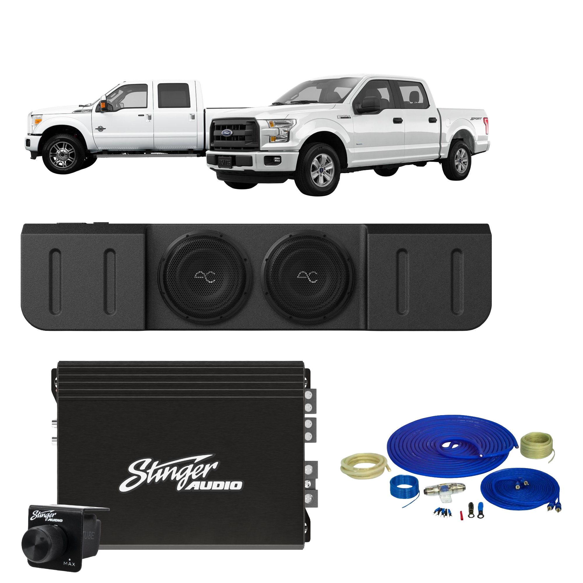 Ford F-150 (2015-2023)/F-250/350 Super Duty (2017+) Dual 10" Loaded Subwoofer Enclosure with Stinger Audio 1000W Monoblock Amplifier & Wiring Kit