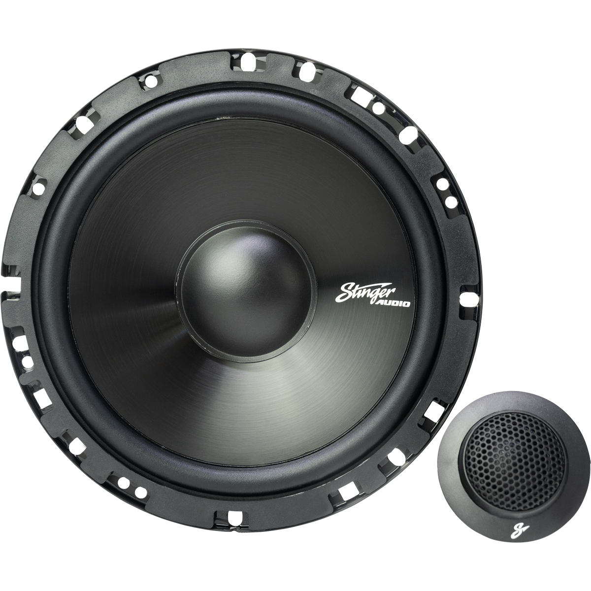 Single Stinger Audio 6.5" 50 Watt (RMS) Component Car Speaker (no grill) with a tweeter on a white background