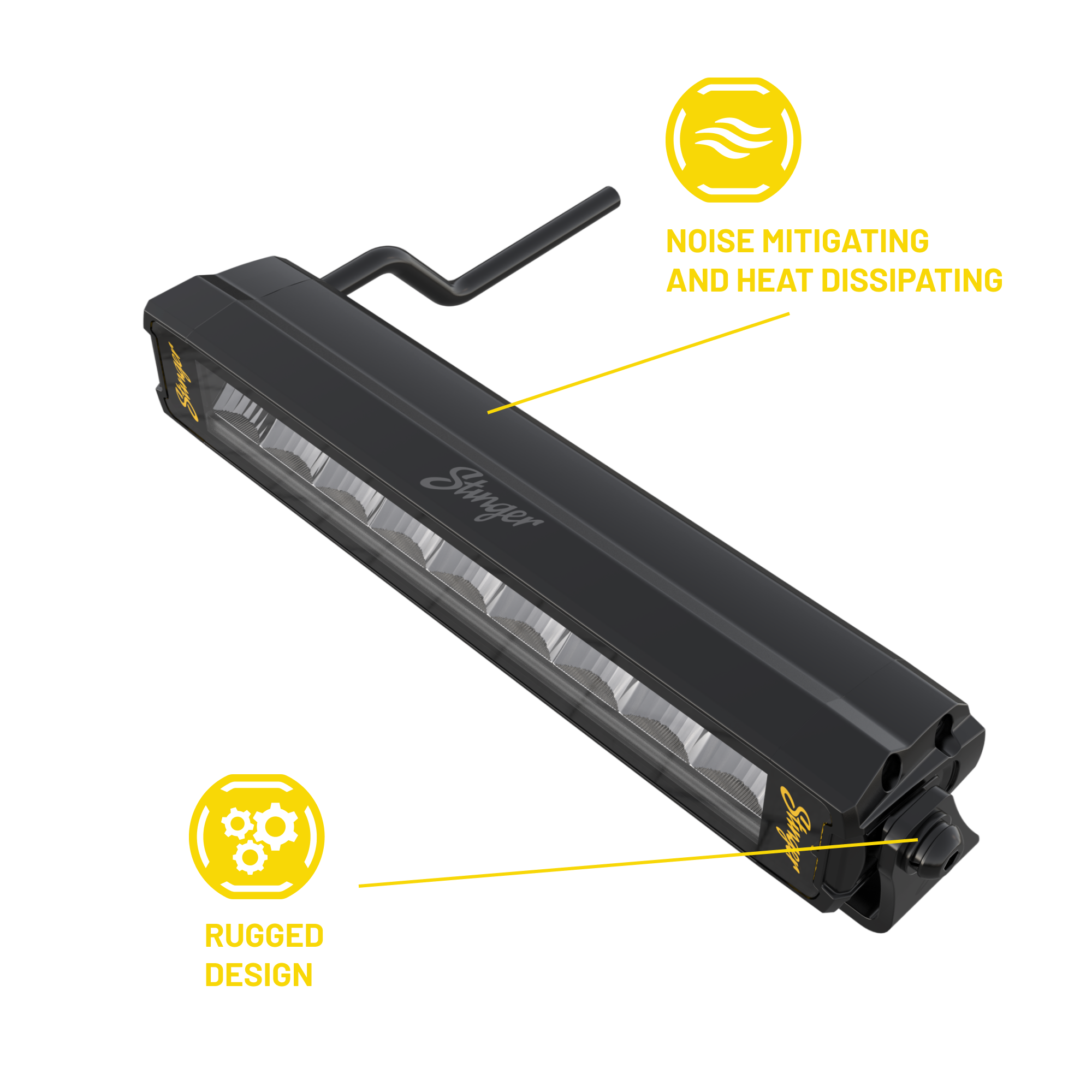 Black noise mitigating and heat dissipating device with yellow text and icons on a white background