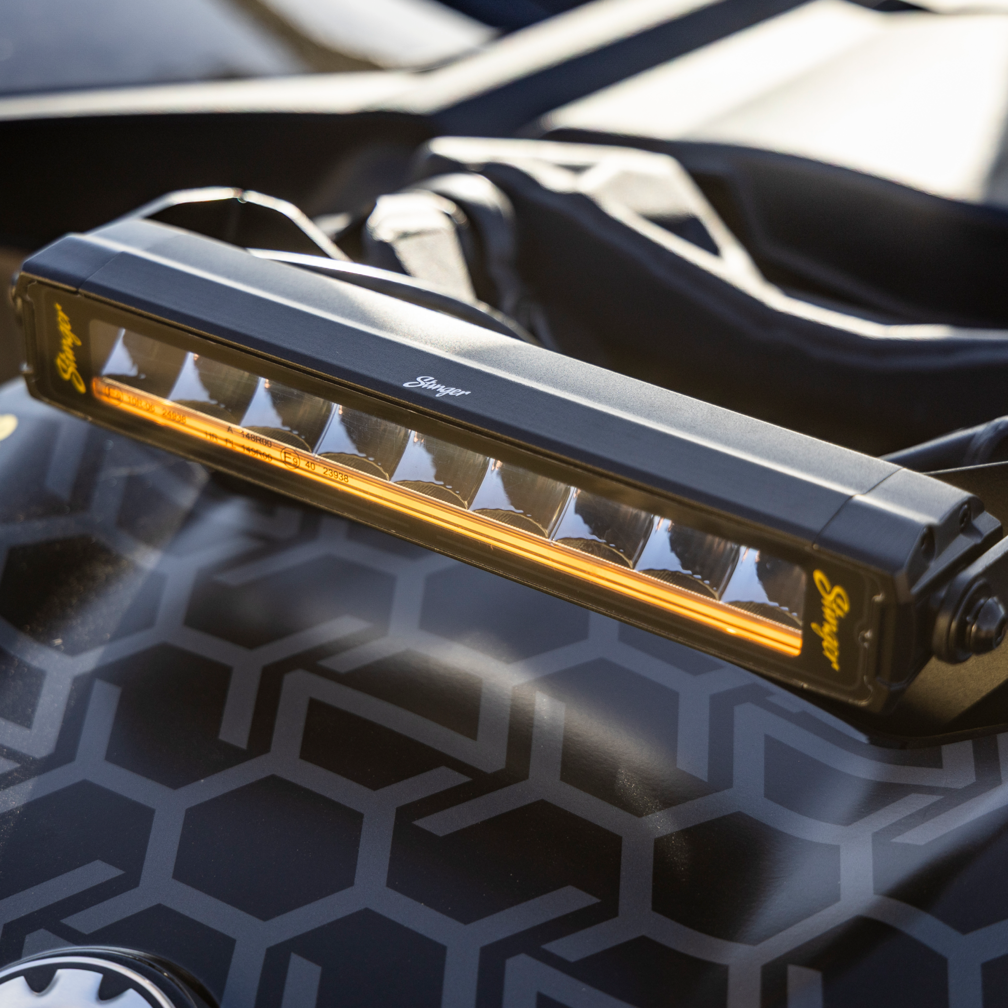 LED light bar on a vehicle with a geometric patterned surface