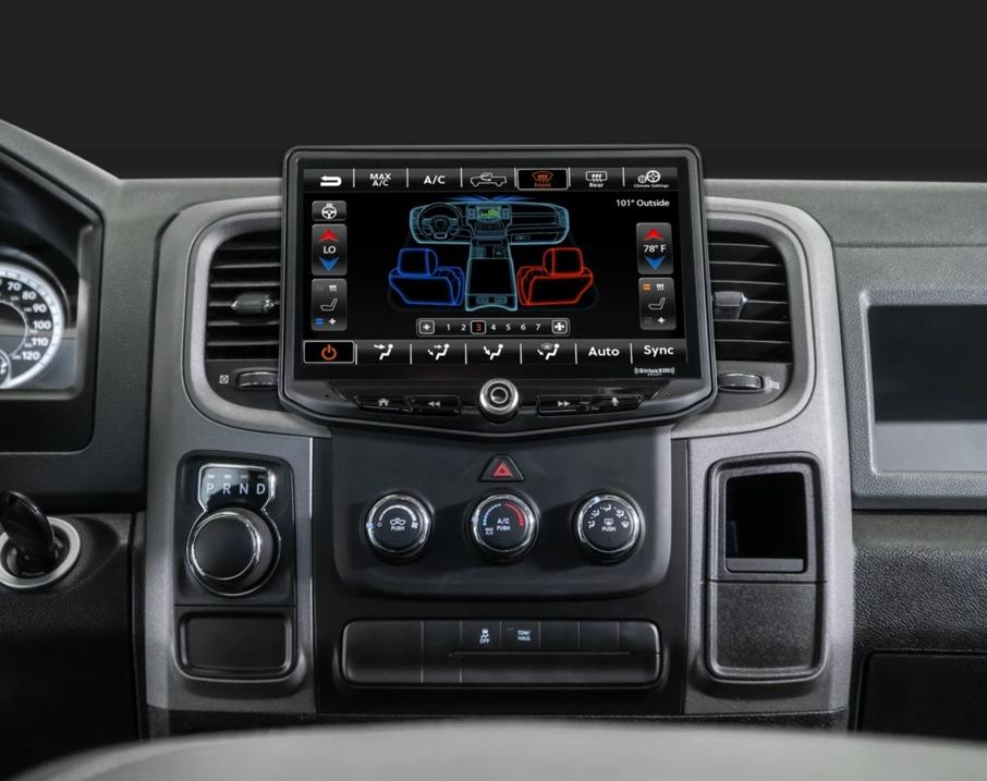 Vehicle dashboard with touchscreen climate control interface and physical knobs