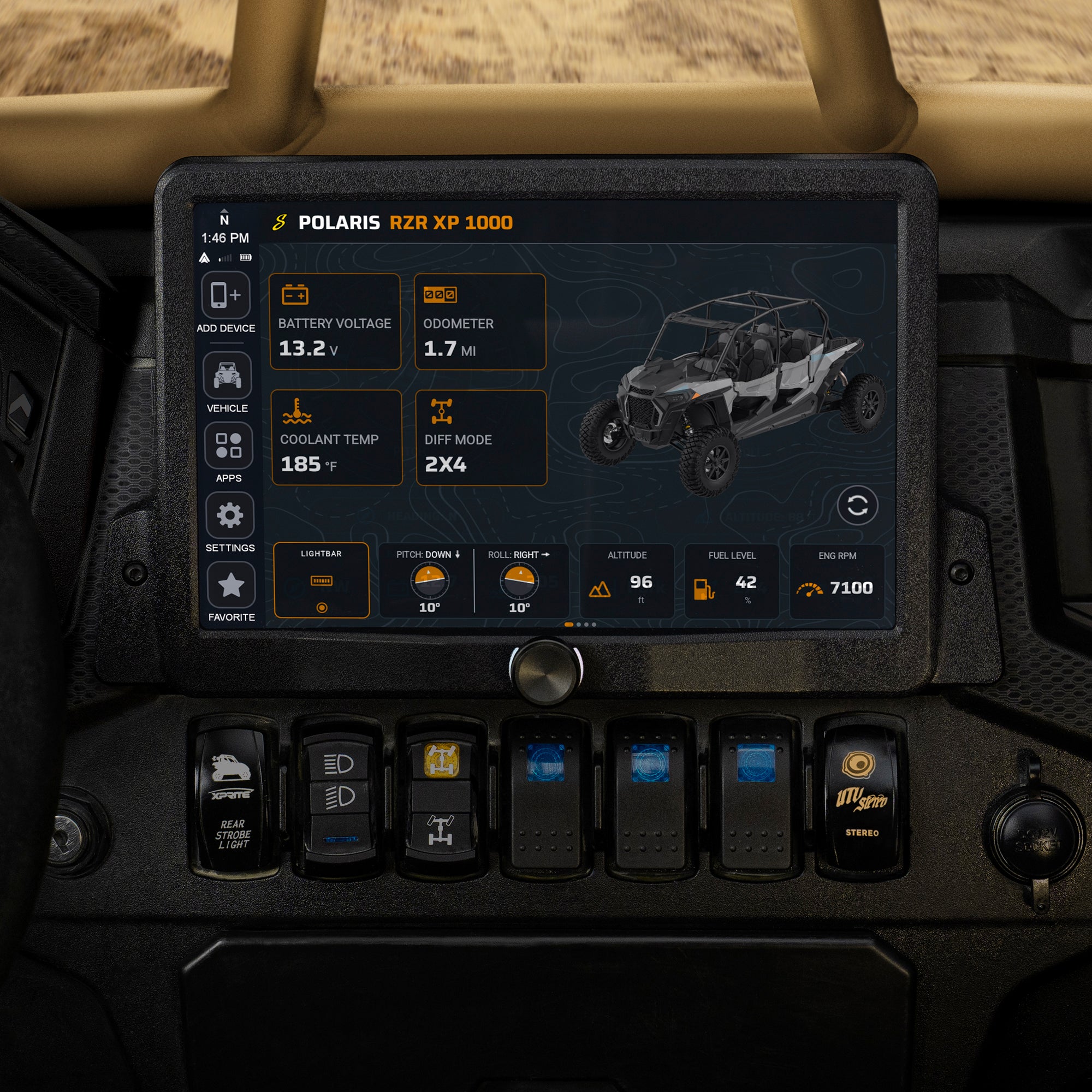 Stinger HORIZON XTR vehicle data screen in a Polaris RZR XP 1000 dash showing battery voltage, odometer and diff mode