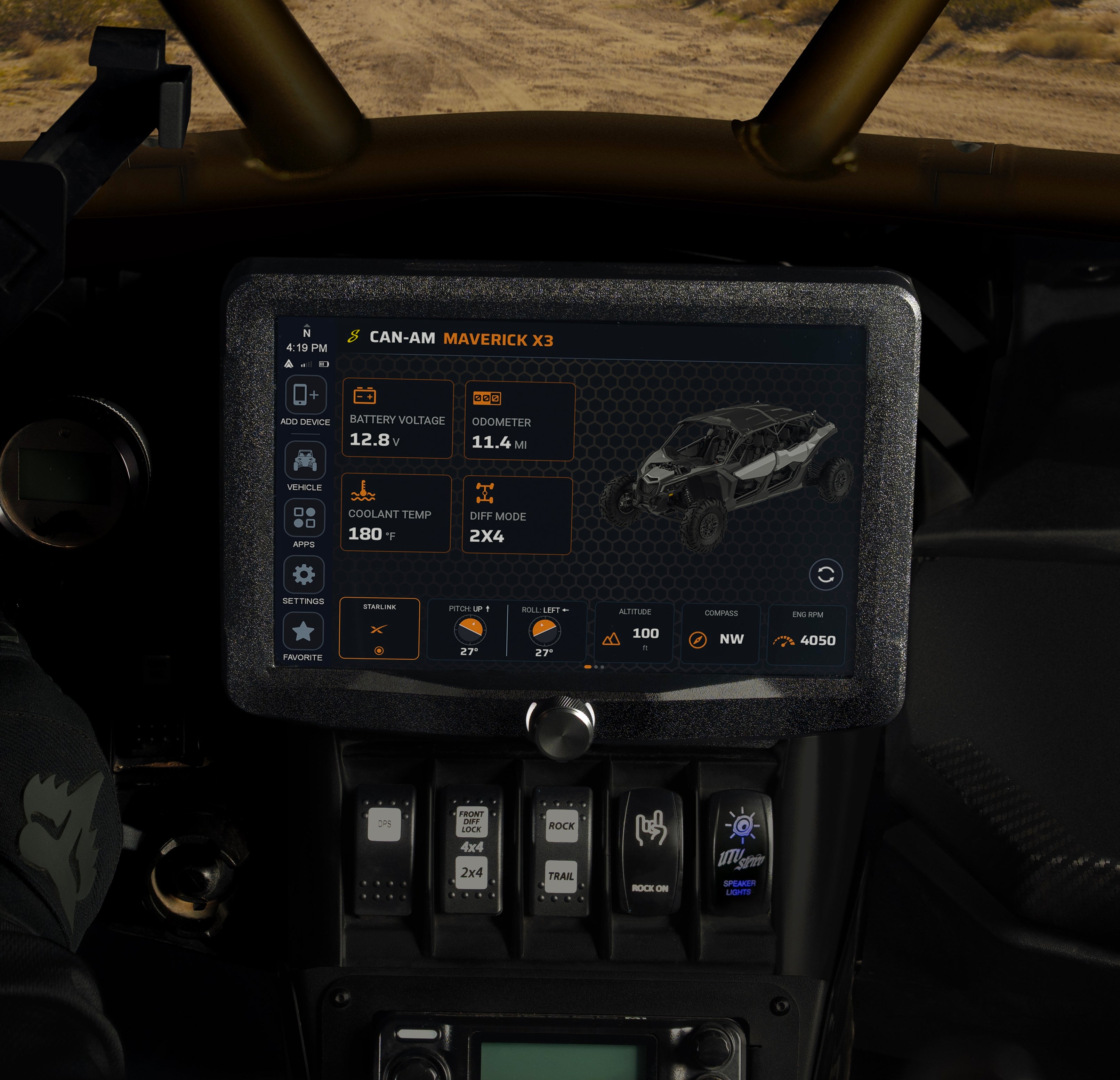 Close up view of the HORIZON XTR multi-function display installed in a Can-Am Maverick X3.