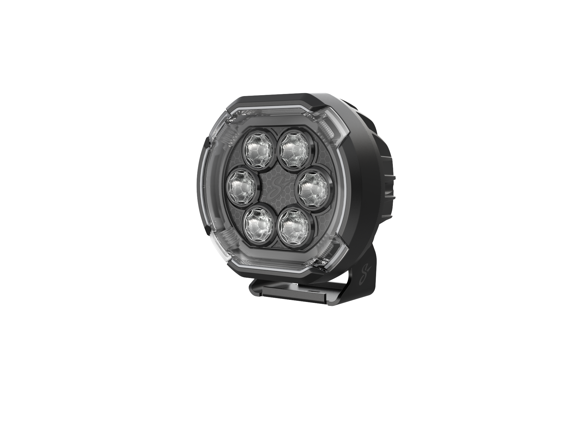 Round black LED off road auxiliary light with six internal lenses and mounting bracket