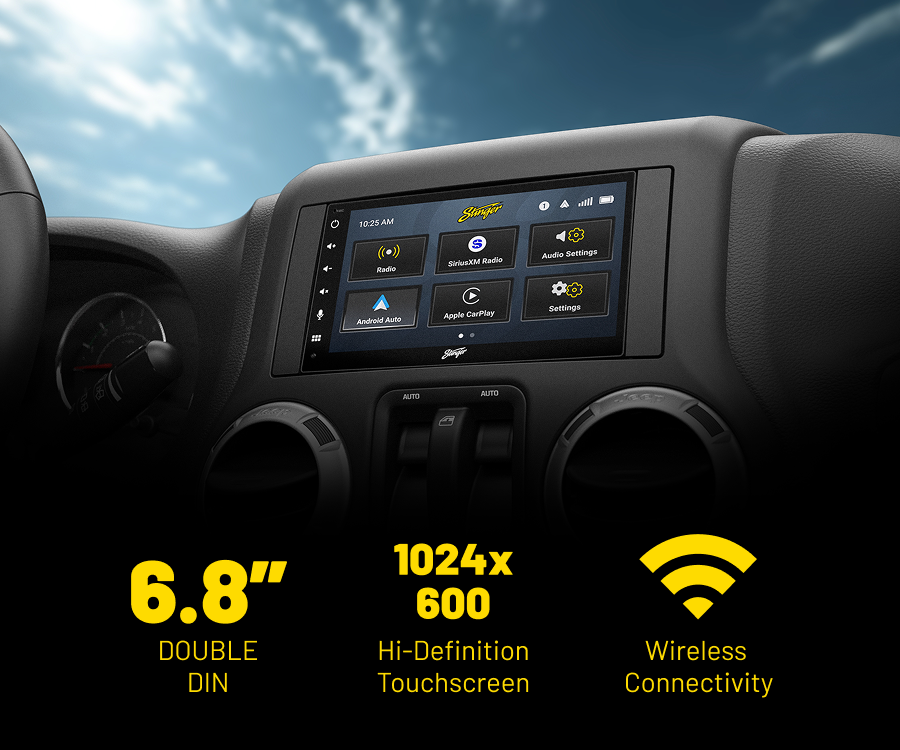 Stinger 6.8-inch double DIN radio in a Jeep Wrangler JK dash, with a 1024x600 HD touchscreen, wireless Apple CarPlay, Android Auto and SiriusXM.
