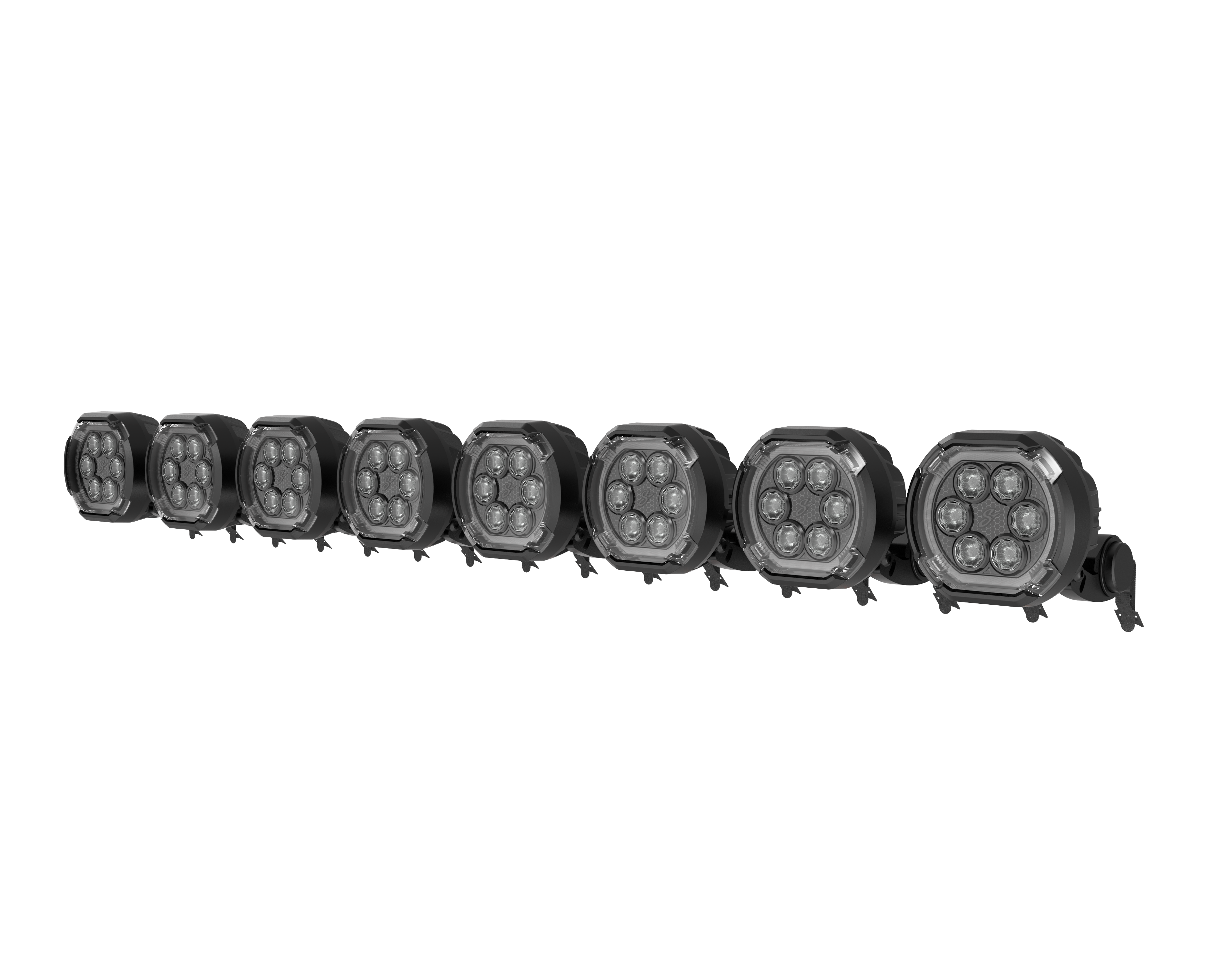 Black LED light bar with eight circular lamp pods