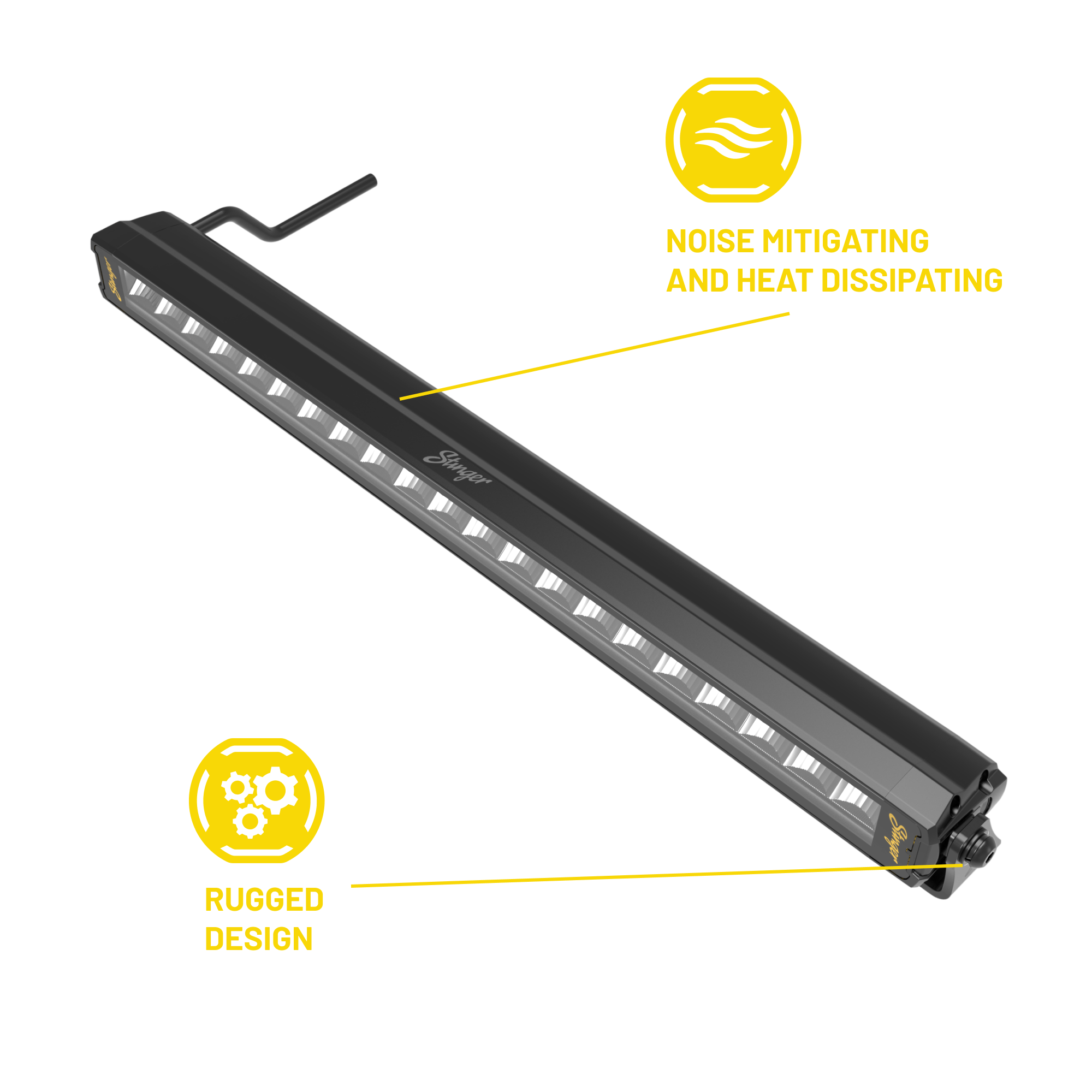 LED light bar with text indicating noise mitigating, heat dissipating, and rugged design on a white background.