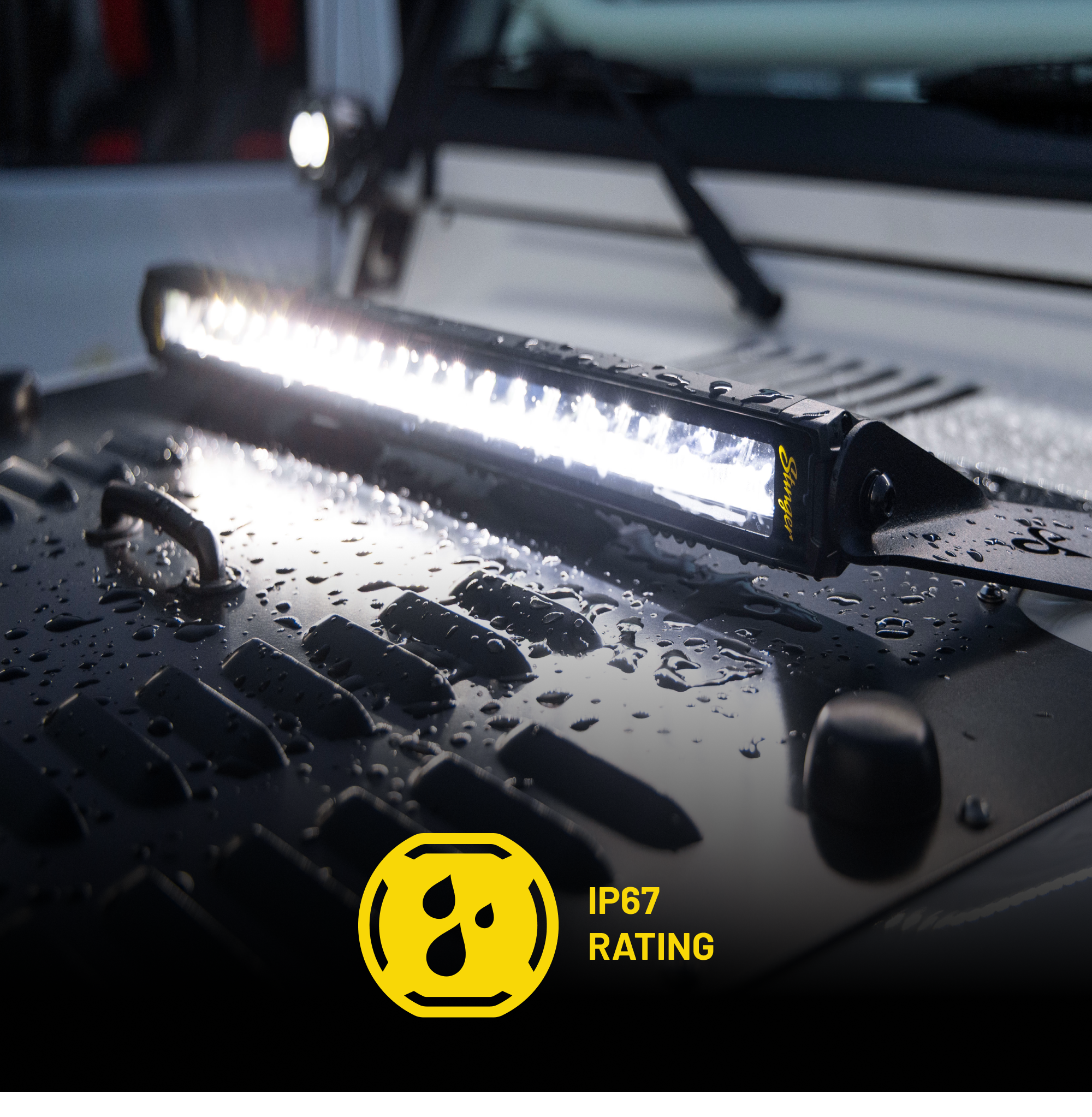 LED light bar on a vehicle roof with IP67 rating logo