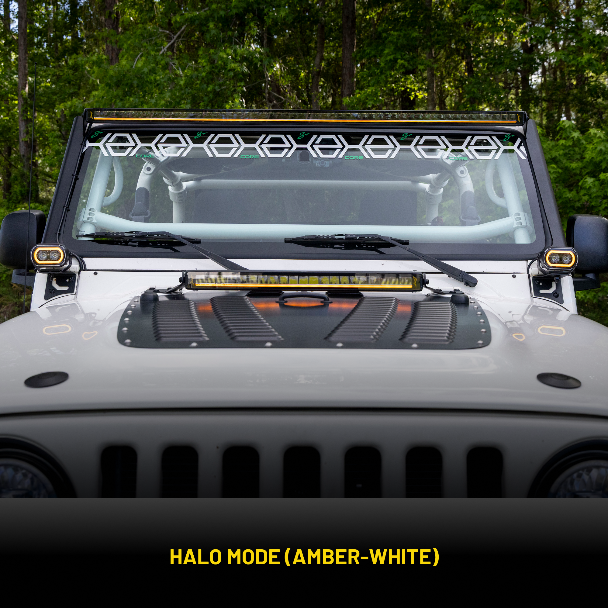 Front view of a vehicle with a light bar and 'Halo Mode (Amber-White)' text.
