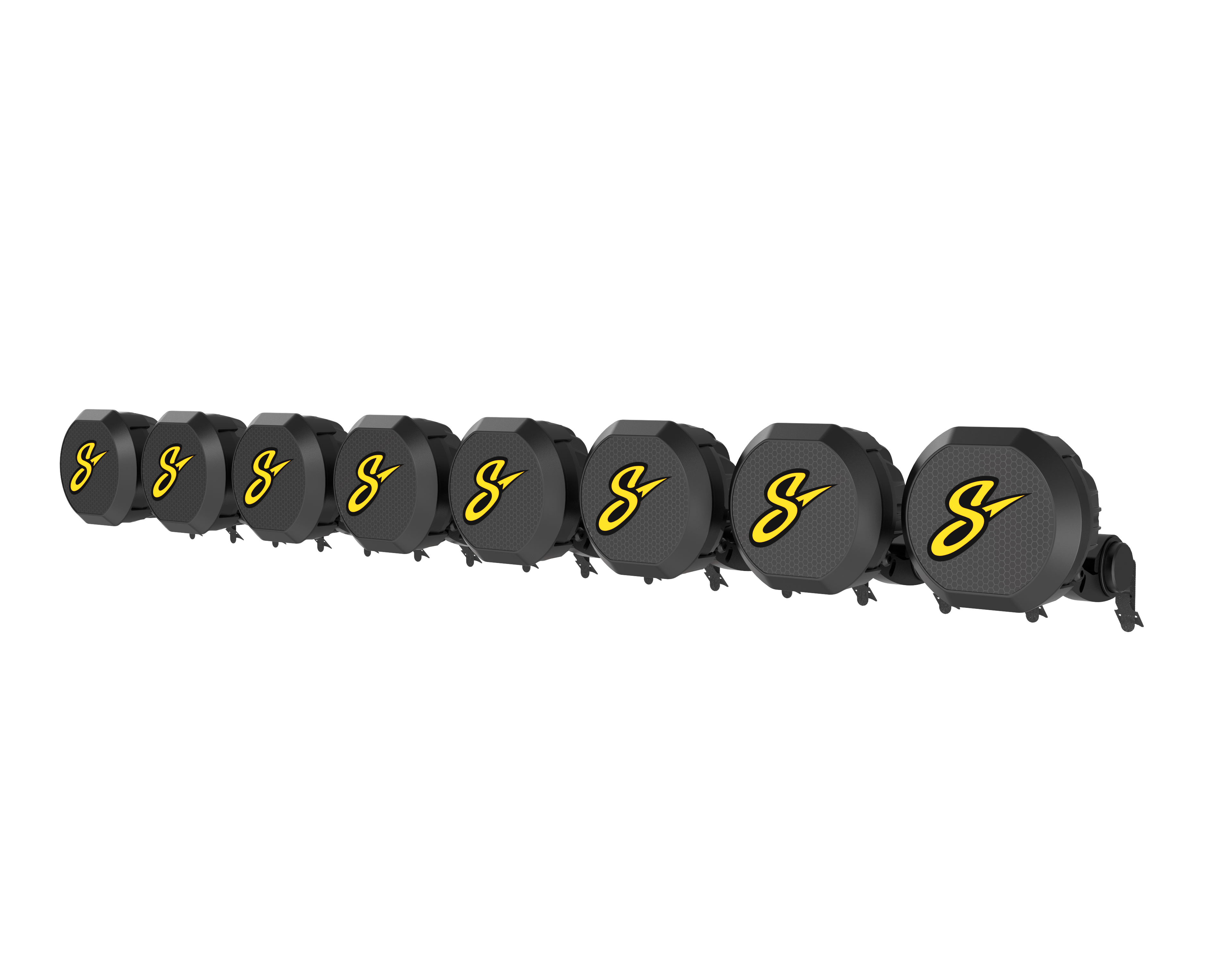 Row of eight circular black automotive LED lights with yellow S logos