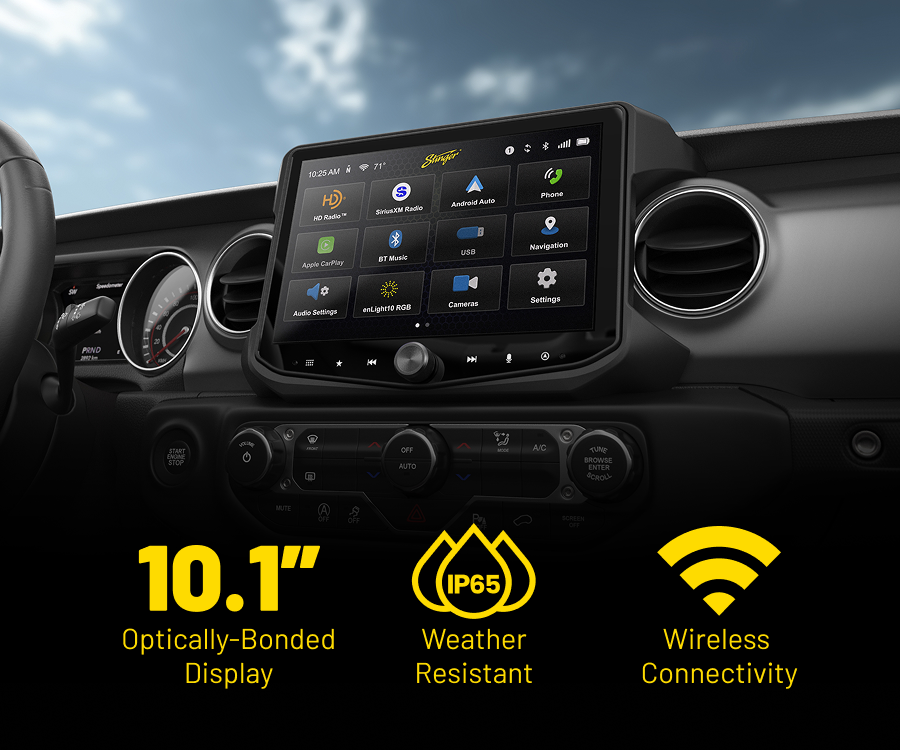 Stinger 10.1-inch optically bonded touchscreen radio in a Jeep Wrangler JL dash, showing IP65 weather resistance, wireless Apple CarPlay, Android Auto and HD Radio.