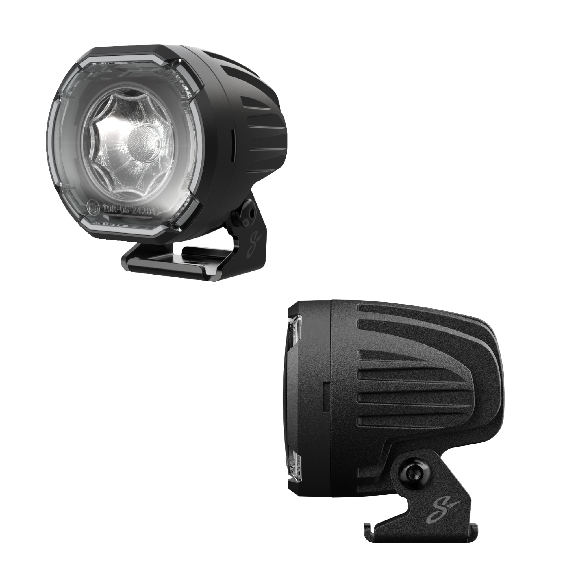 Two black vehicle lights on a white background