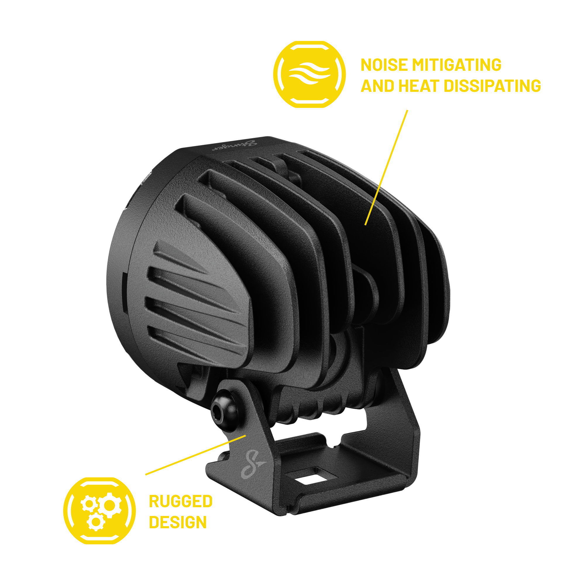 Black noise mitigating device with yellow text on a white background