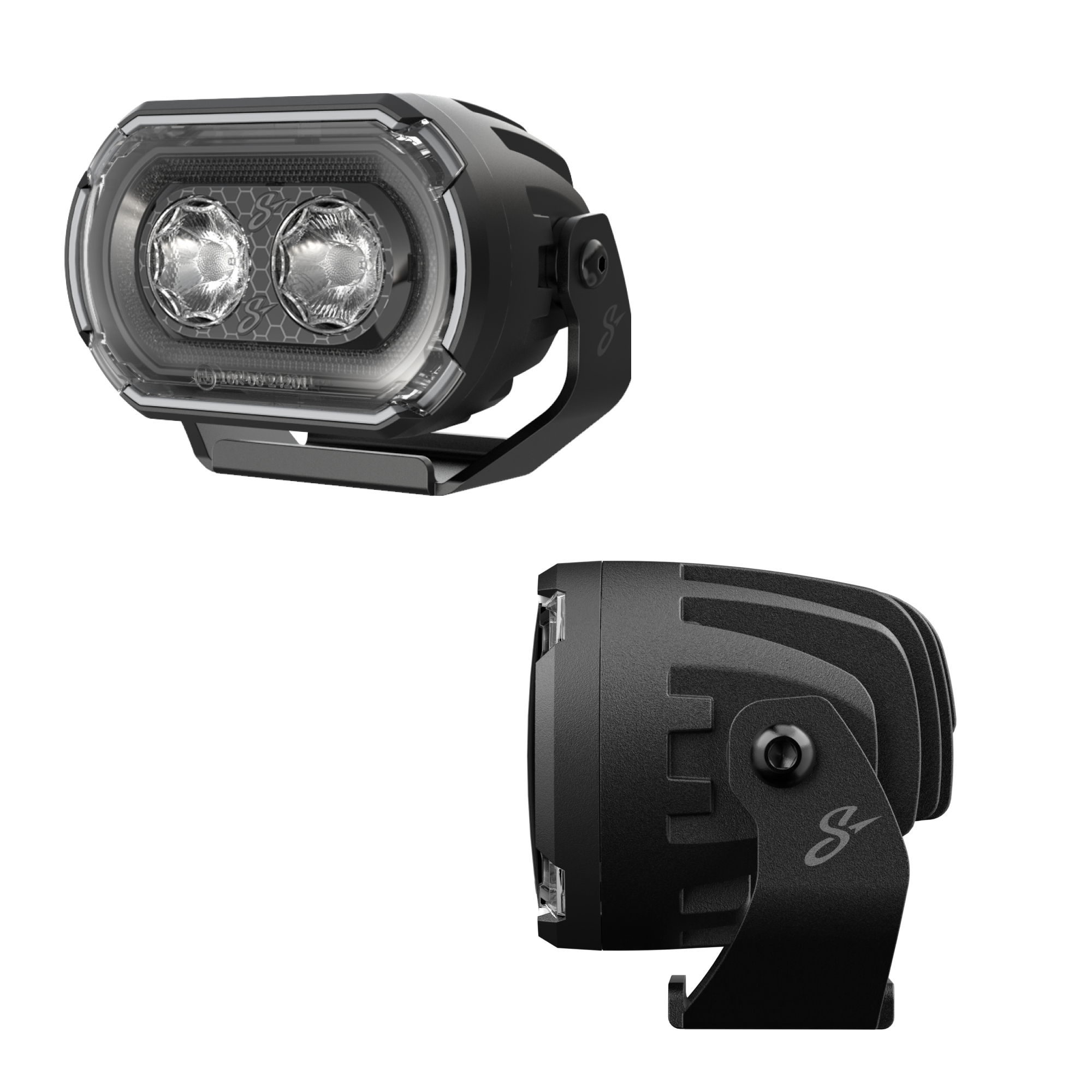 Two views of a black rectangular LED auxiliary light with mounting bracket