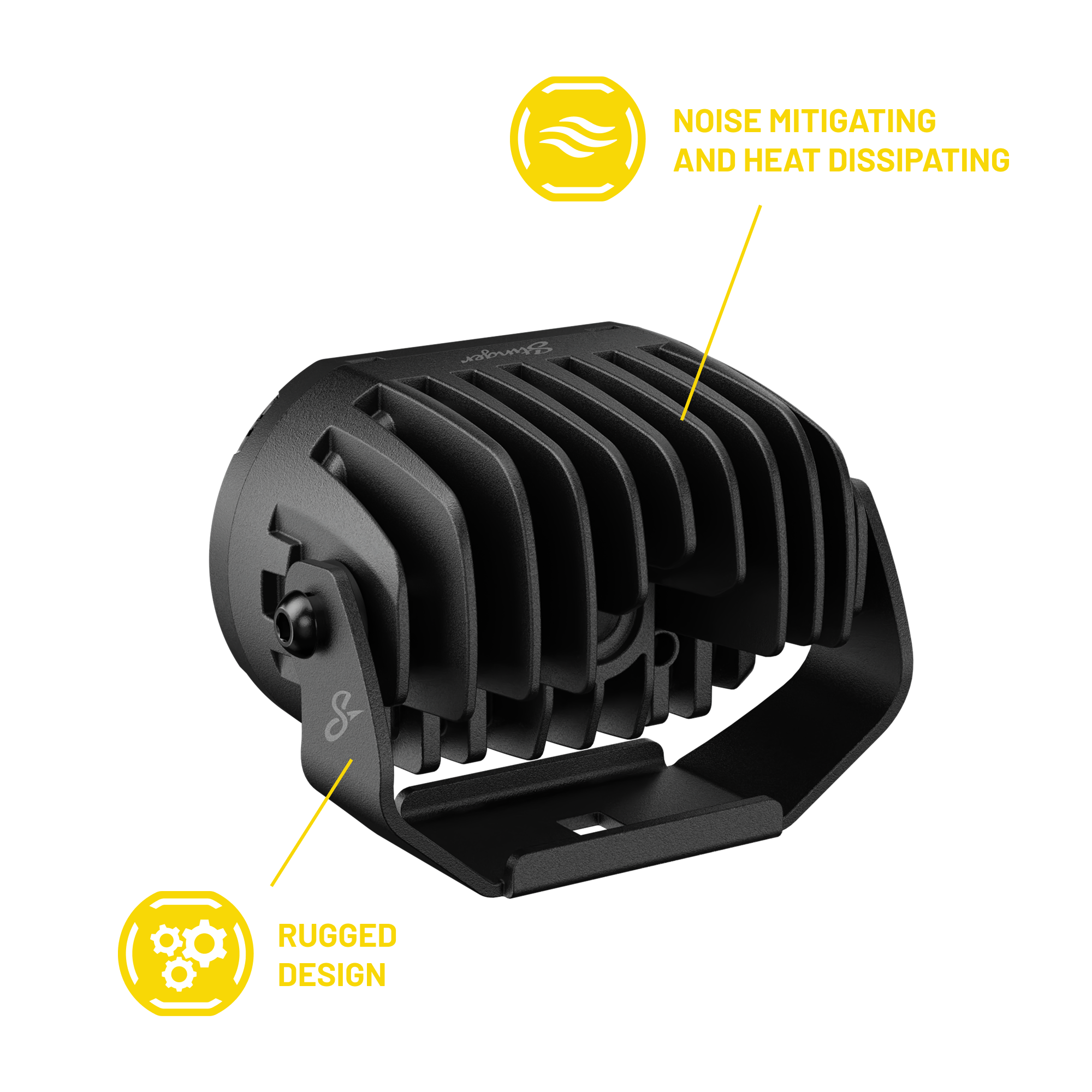 Black LED work light with heat sink fins and mounting bracket