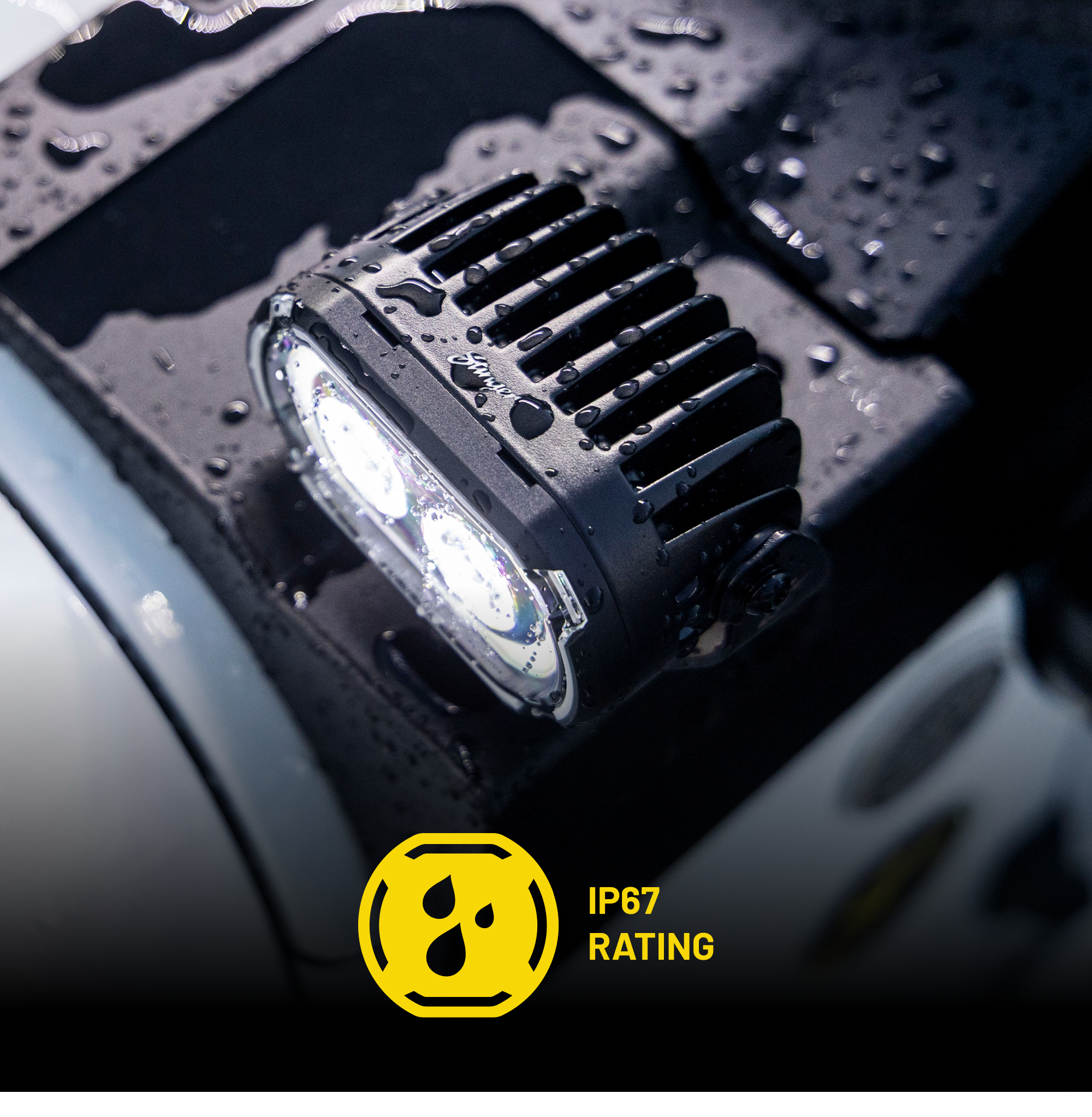 Black LED light bar with water droplets and IP67 rating icon