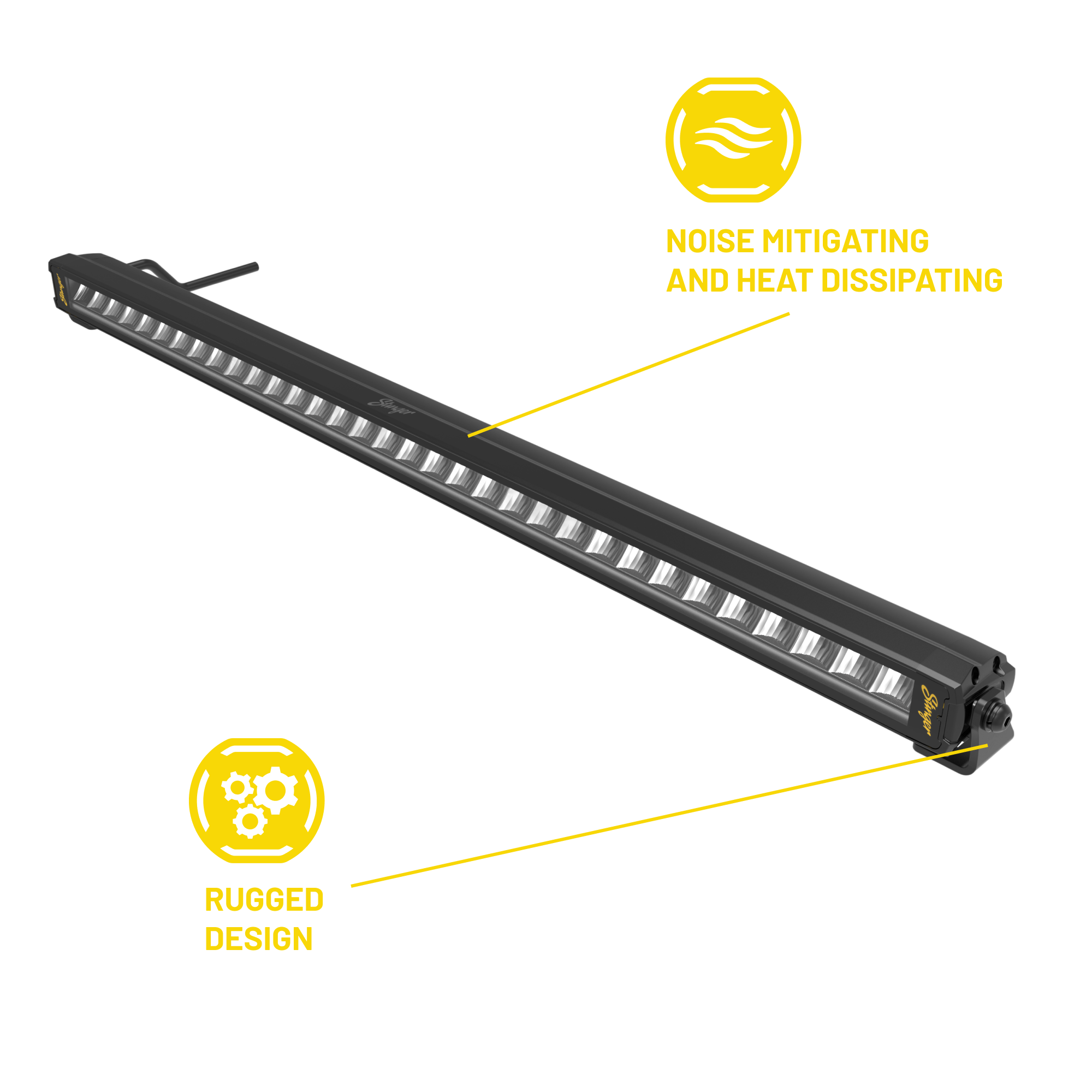 LED light bar with text indicating noise mitigating, heat dissipating, and rugged design on a white background.