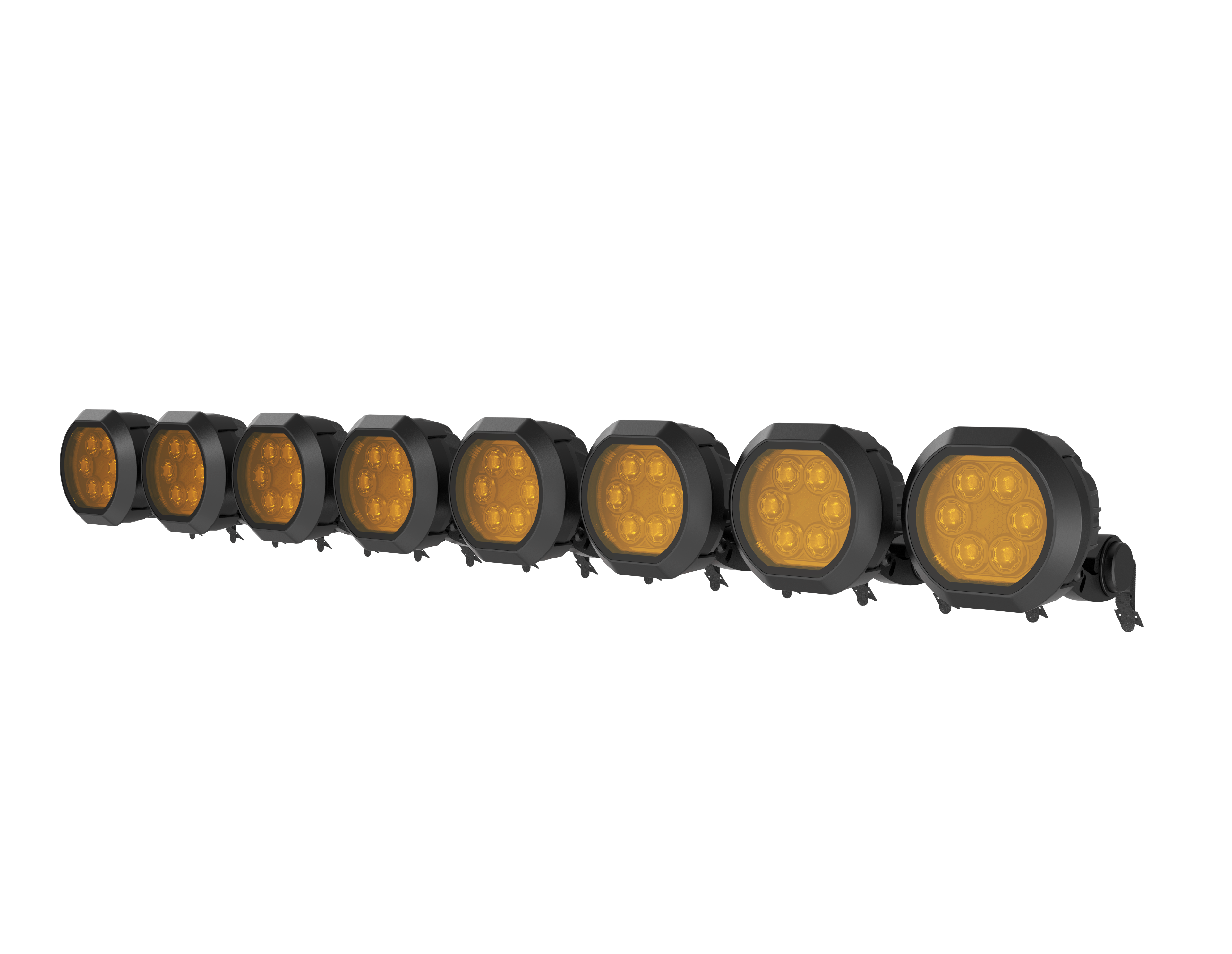 Row of eight round amber LED auxiliary lights in black housings
