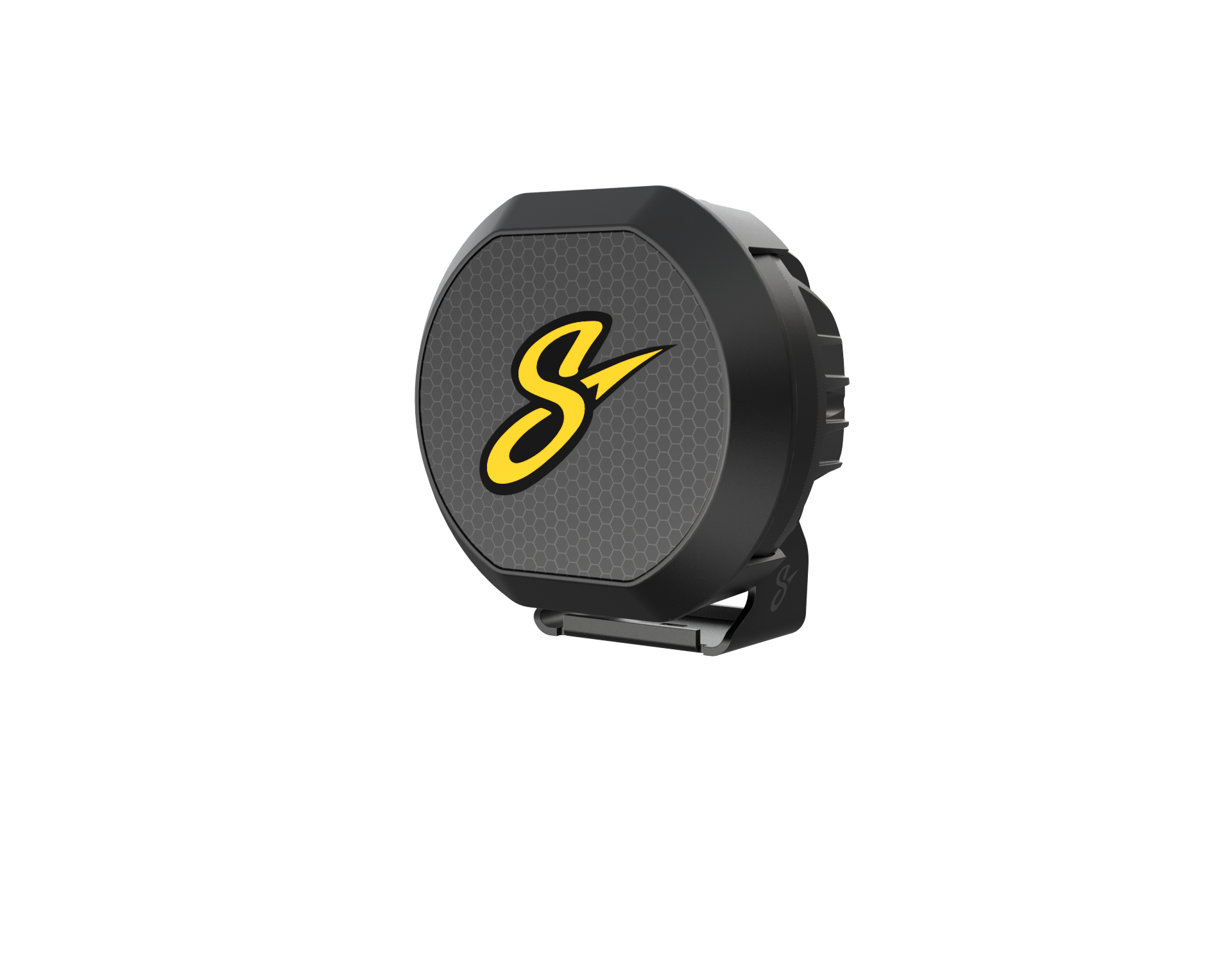 Round black LED off road light with yellow S logo on a hexagonal pattern background