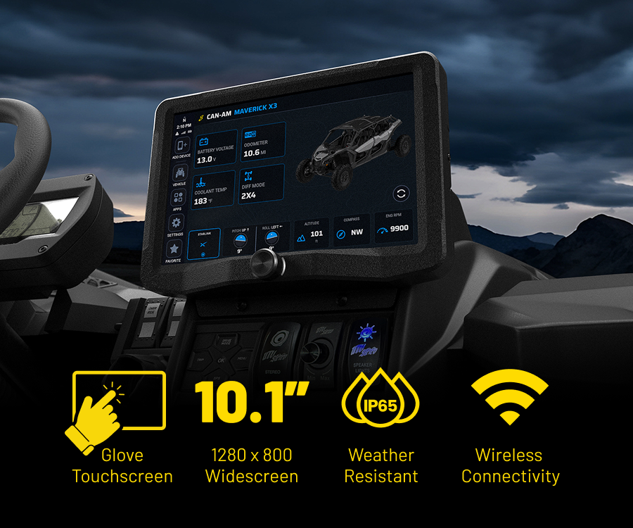 UTV Stereo 10.1-inch glove touchscreen in a Can-Am Maverick X3 dash showing vehicle data, with an IP65 weather-resistant rating and wireless connectivity.