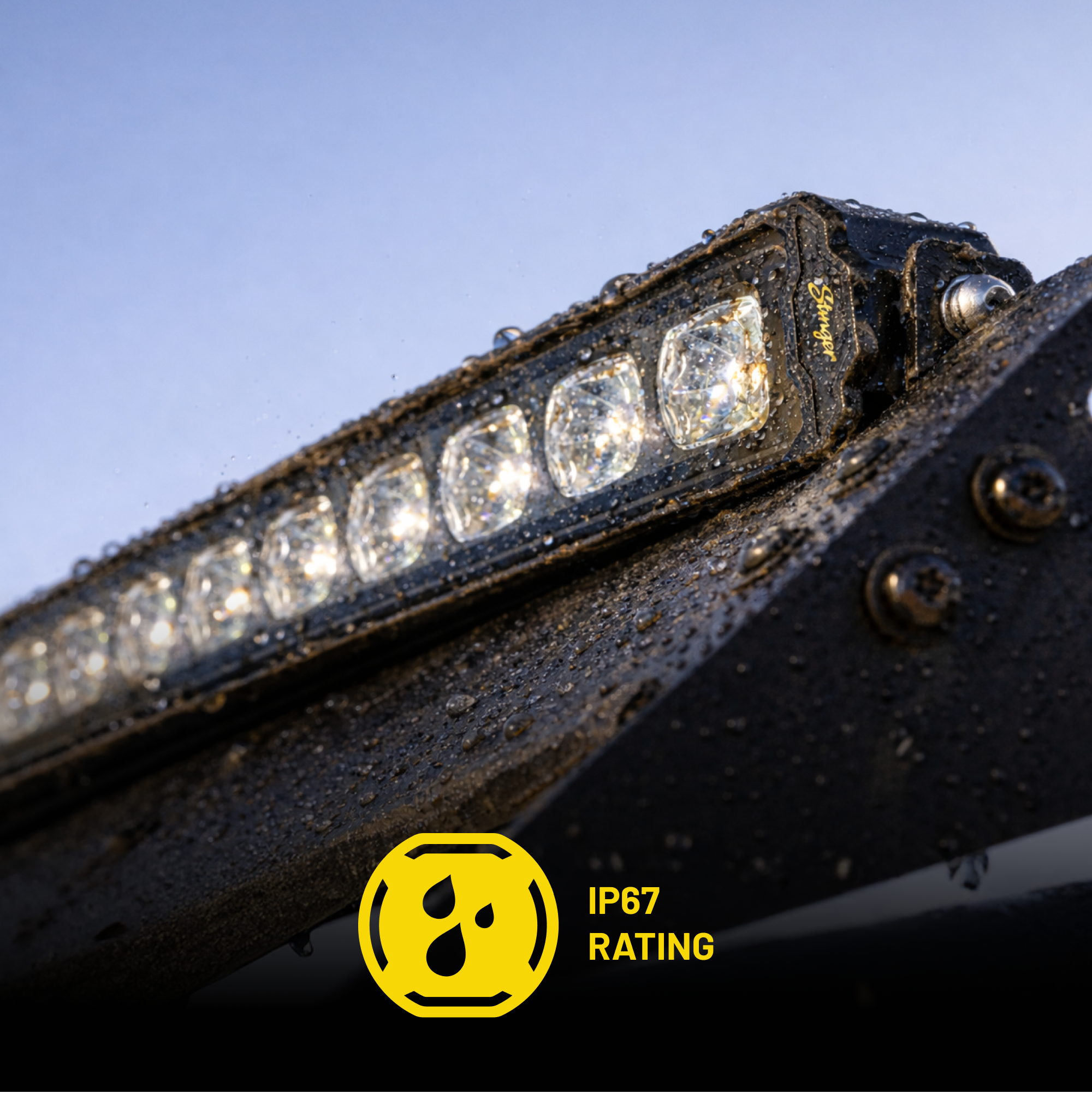 LED light bar with IP67 rating symbol on a clear background