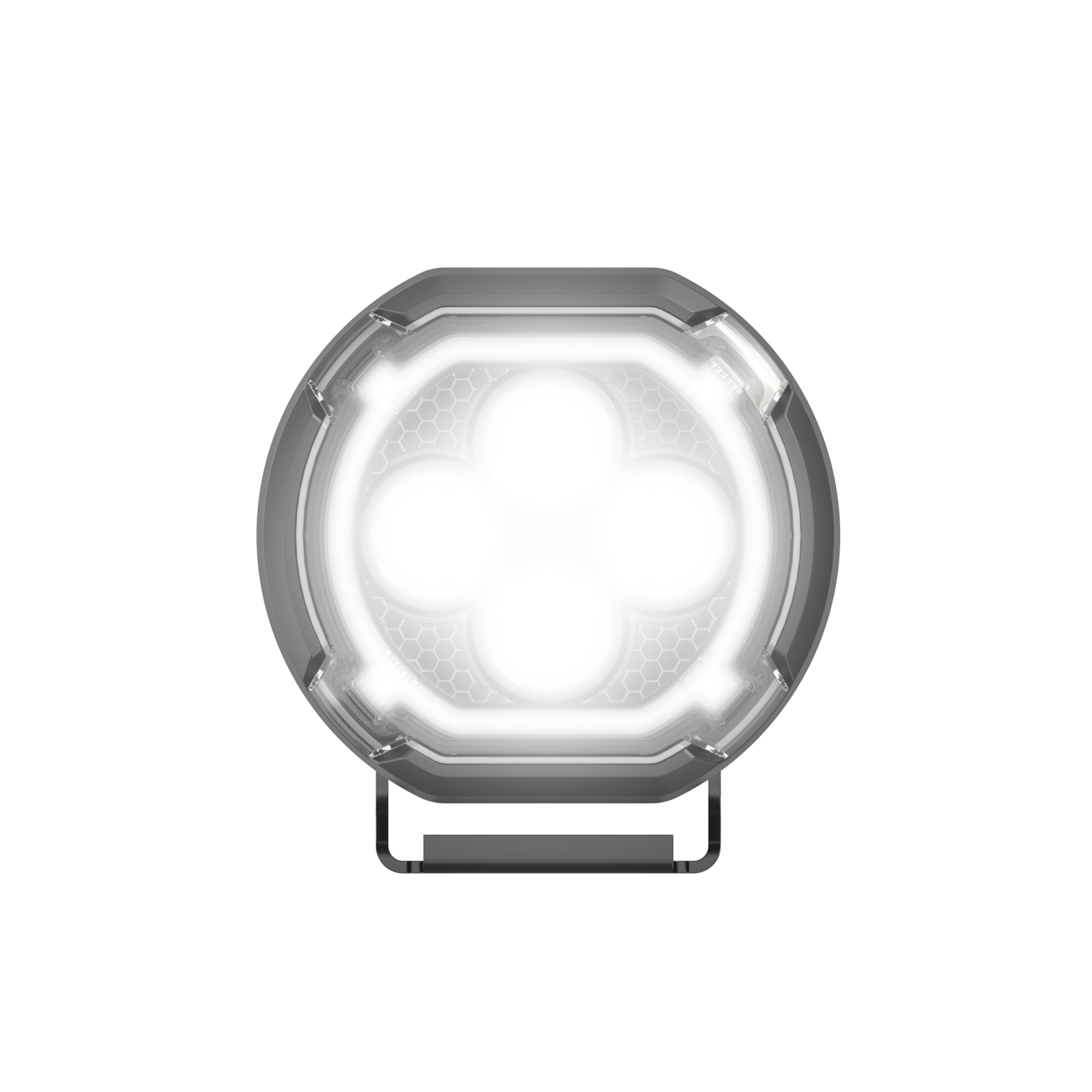 Round LED vehicle spotlight with four central lights and a circular halo ring