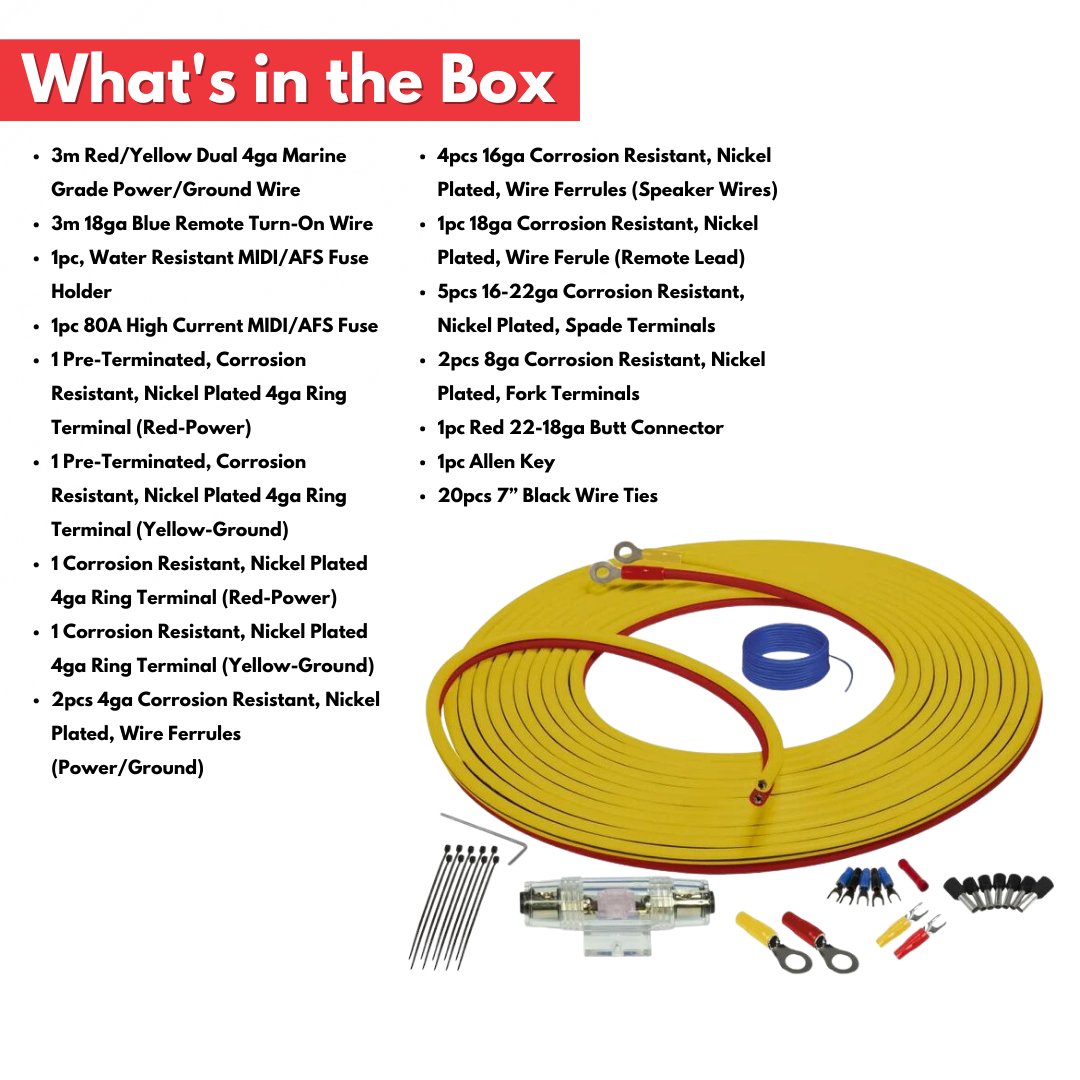 4GA Marine Compliant Wiring Kit with Dual Siamese Power/Ground Wire (7 Meter)