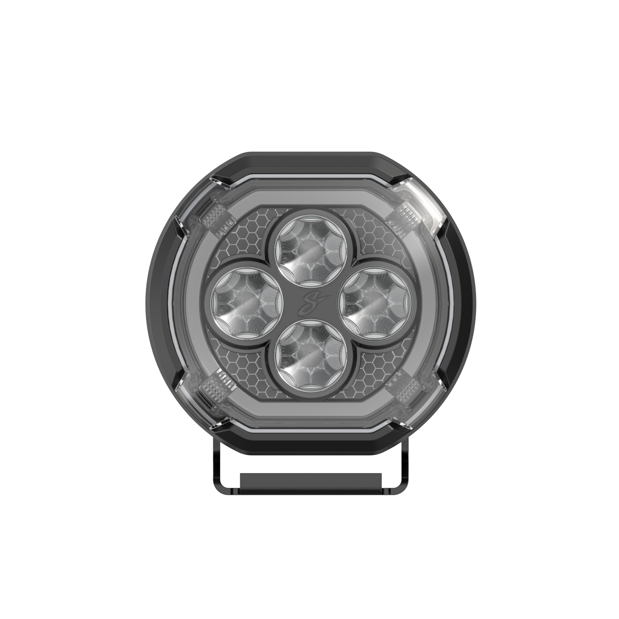 Round LED off road light with four circular lenses and black housing