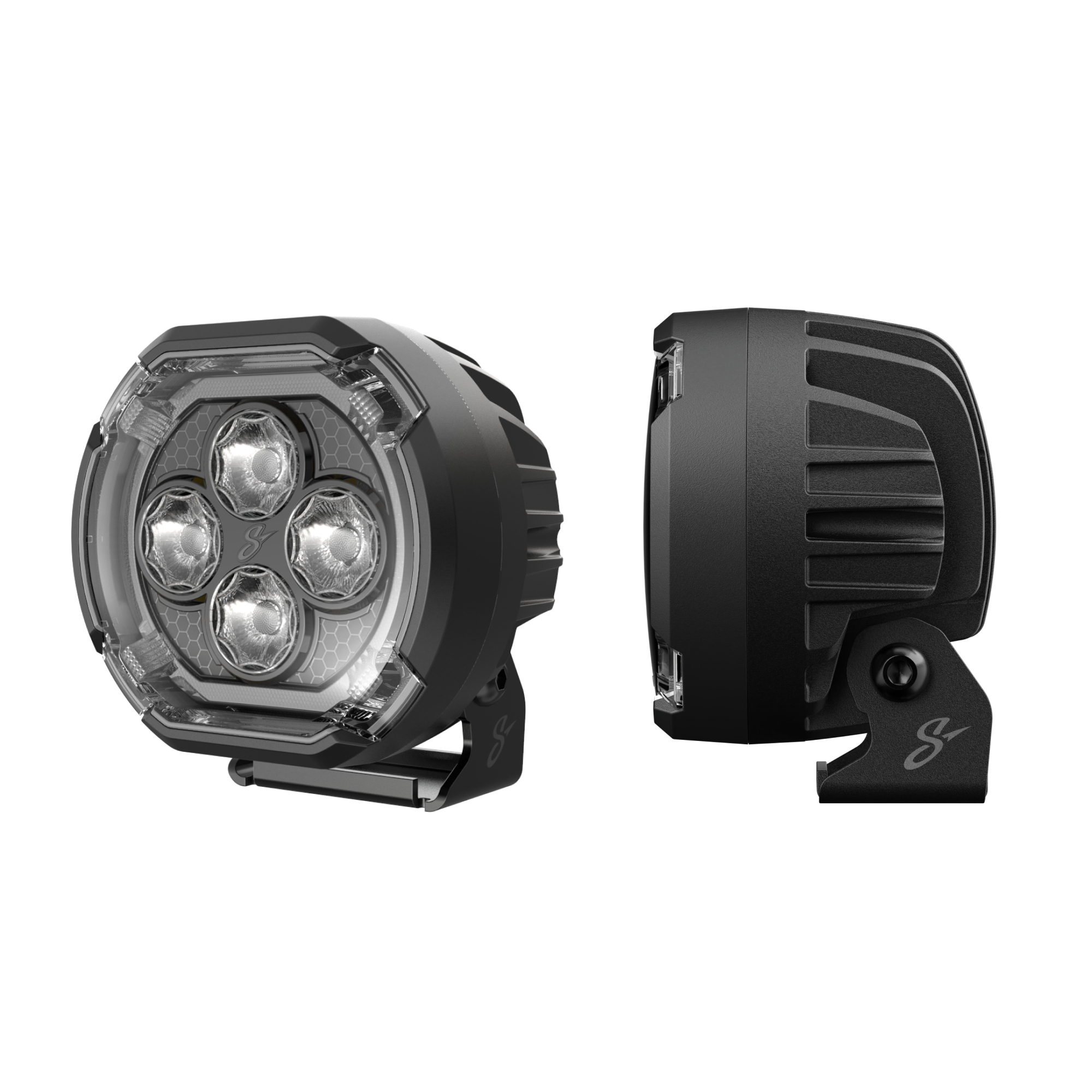 Two black circular LED off road auxiliary lights shown from front and side angles