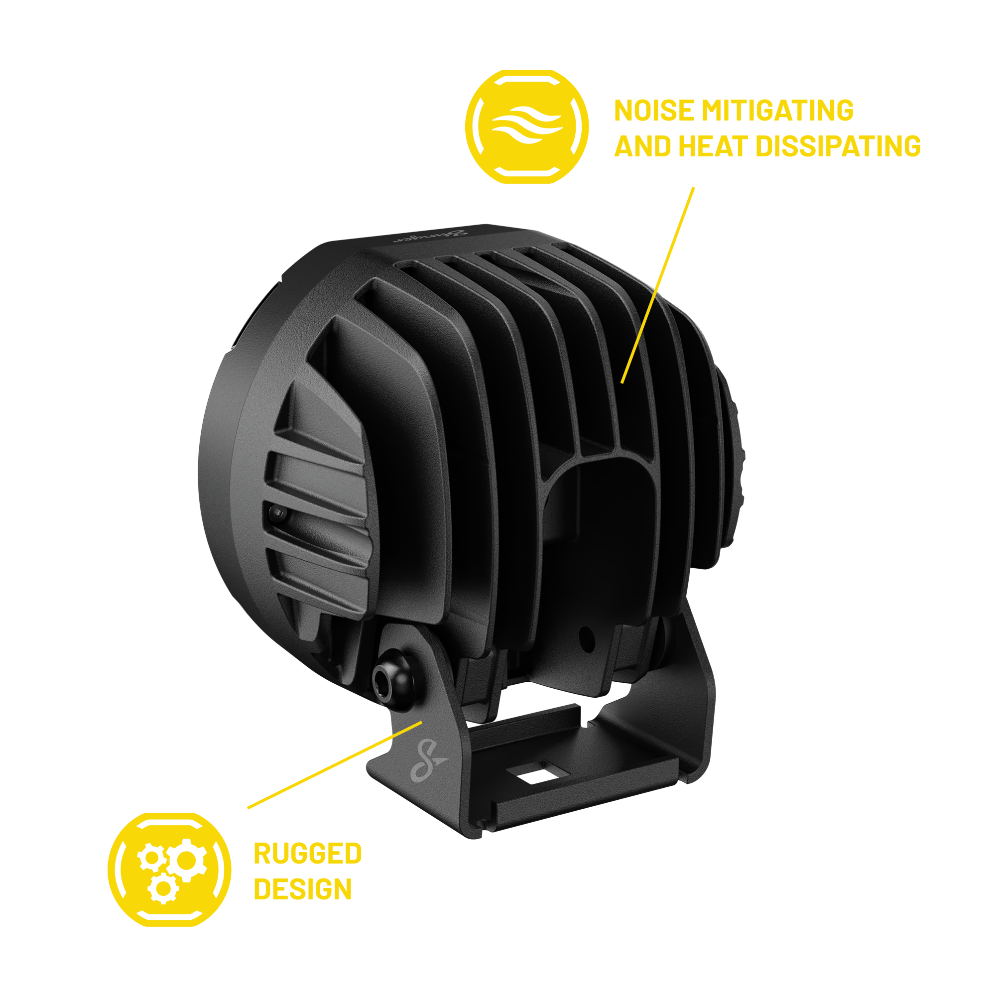 Black circular LED work light with heat sink fins and mounting bracket