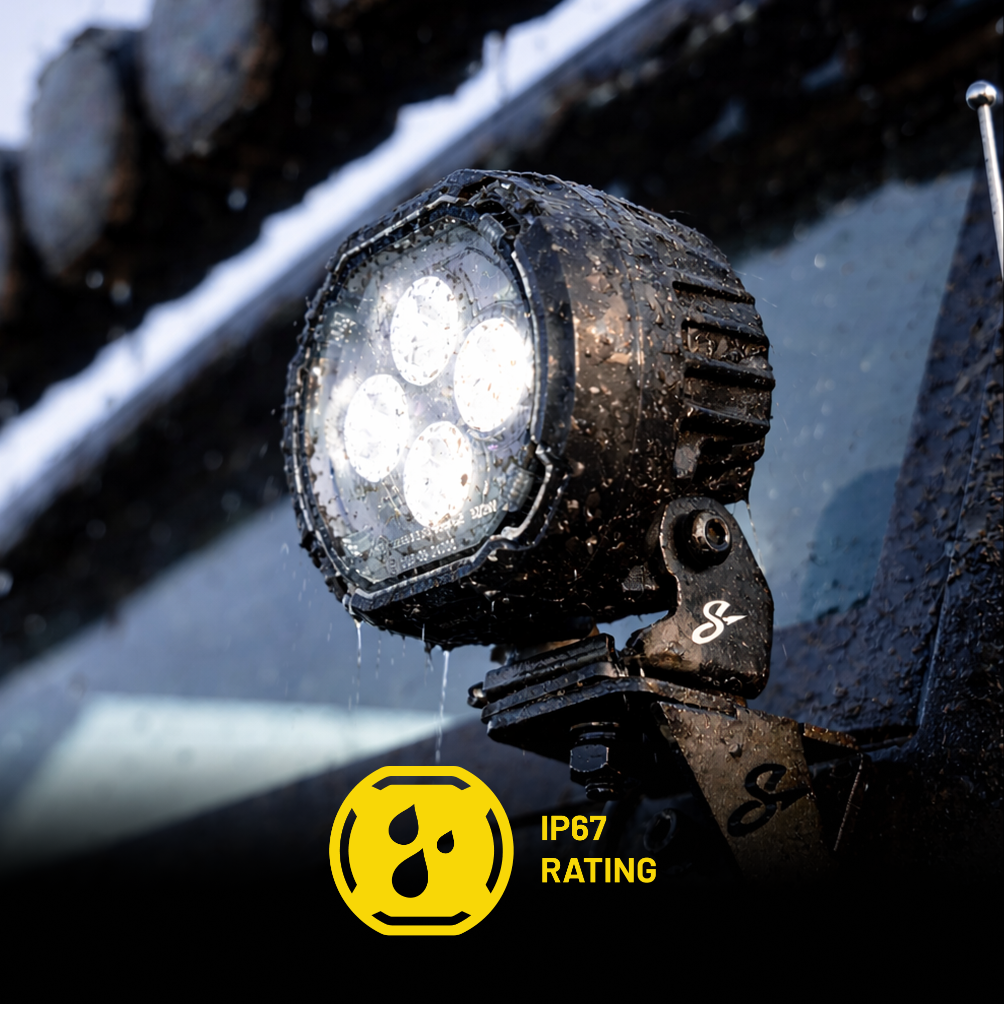 Round LED off road vehicle light with water droplets and IP67 rating icon