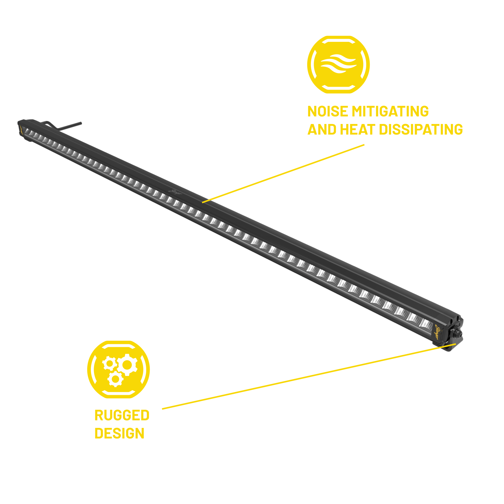 LED light bar with 'Noise Mitigating and Heat Dissipating' and 'Rugged Design' text on a white background