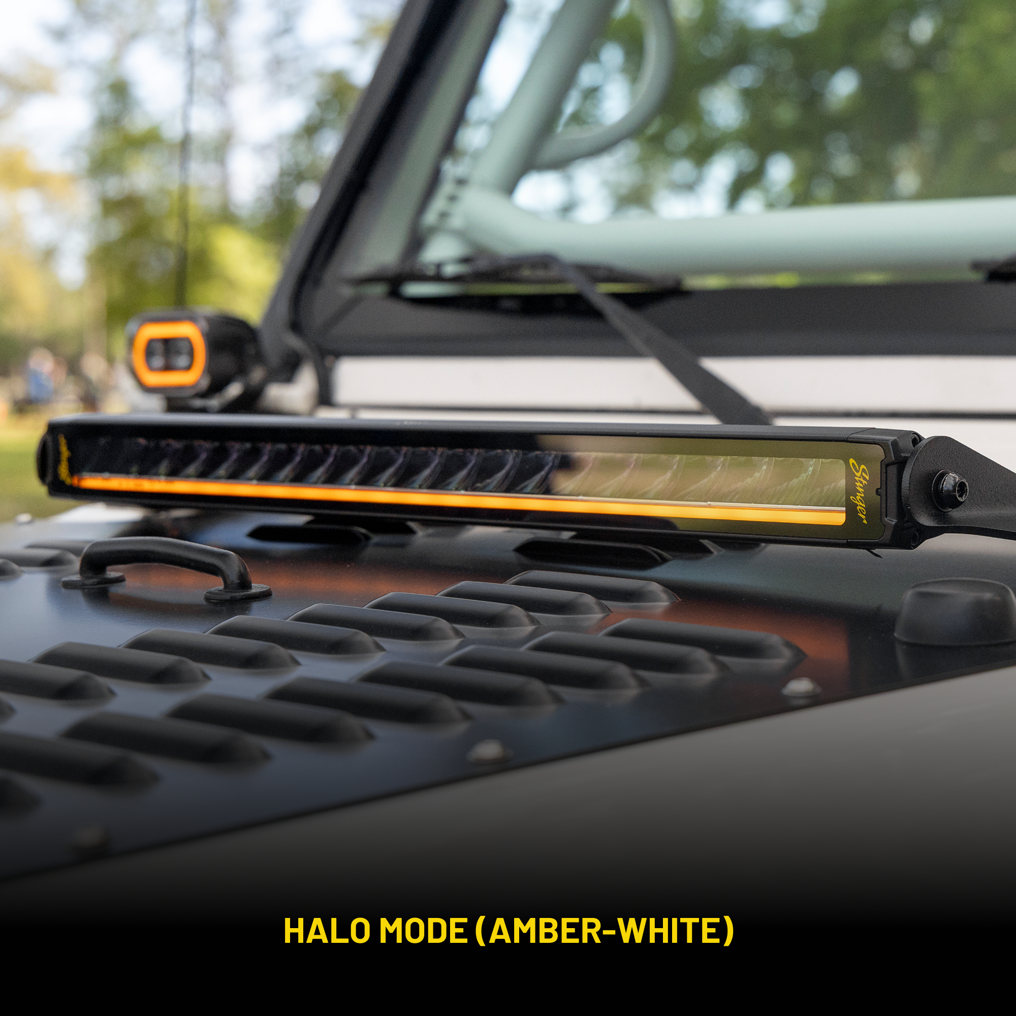 LED light bar on a vehicle with 'Halo Mode (Amber-White)' text