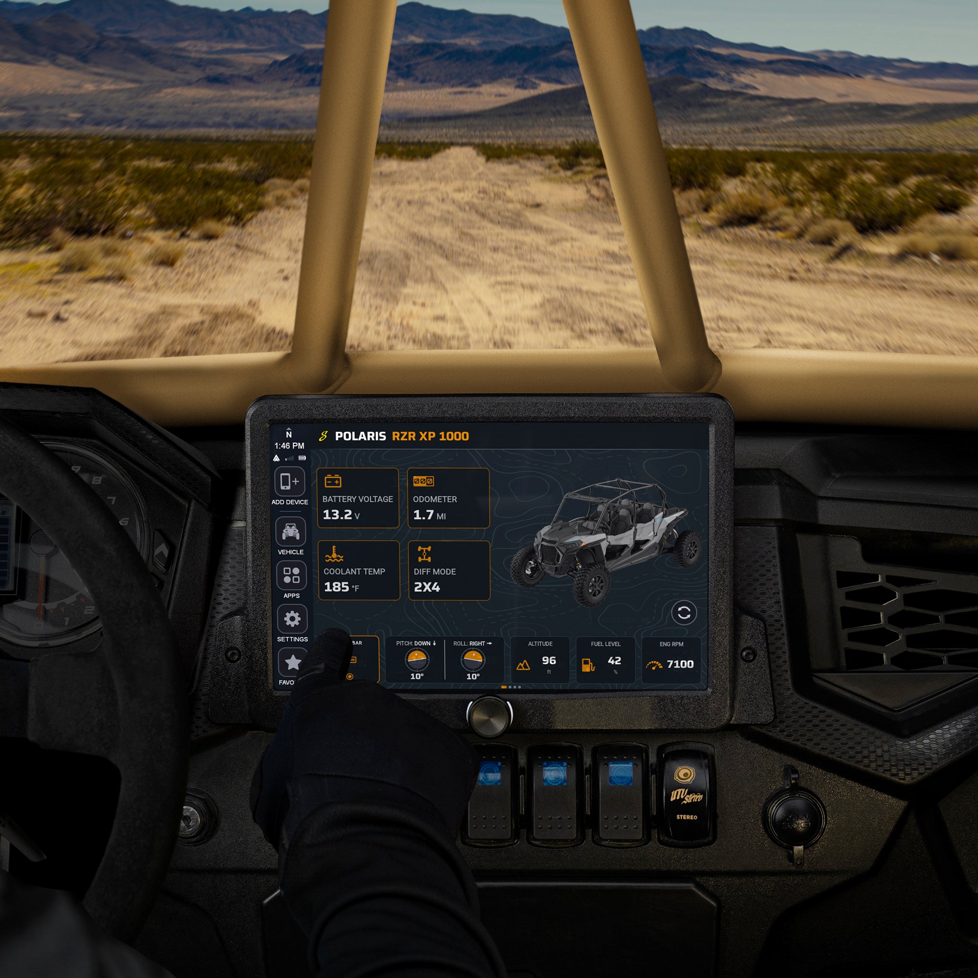 Close-up of a gloved finger tapping the lightbar control on the Stinger HORIZON XTR vehicle screen in a Polaris RZR XP 1000