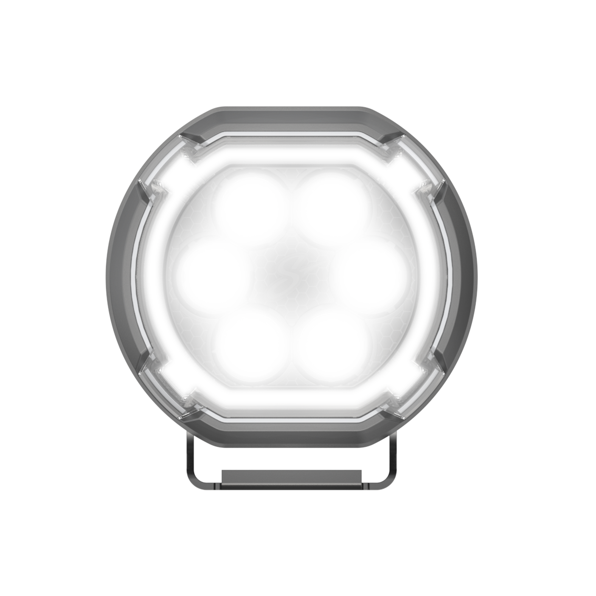 Round LED off road driving light with a grey housing and mounting bracket
