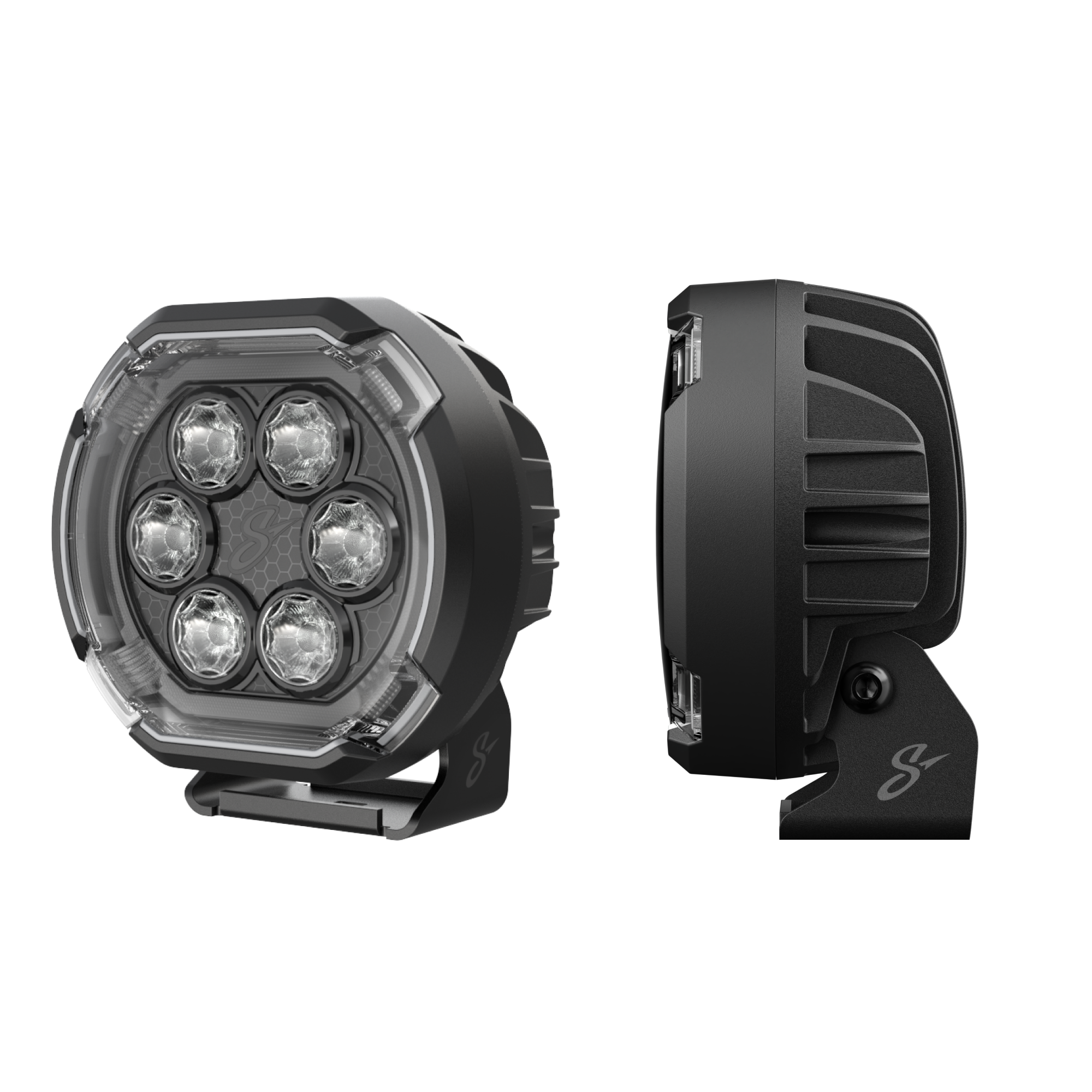 Front and side view of a round black LED off road light with mounting bracket