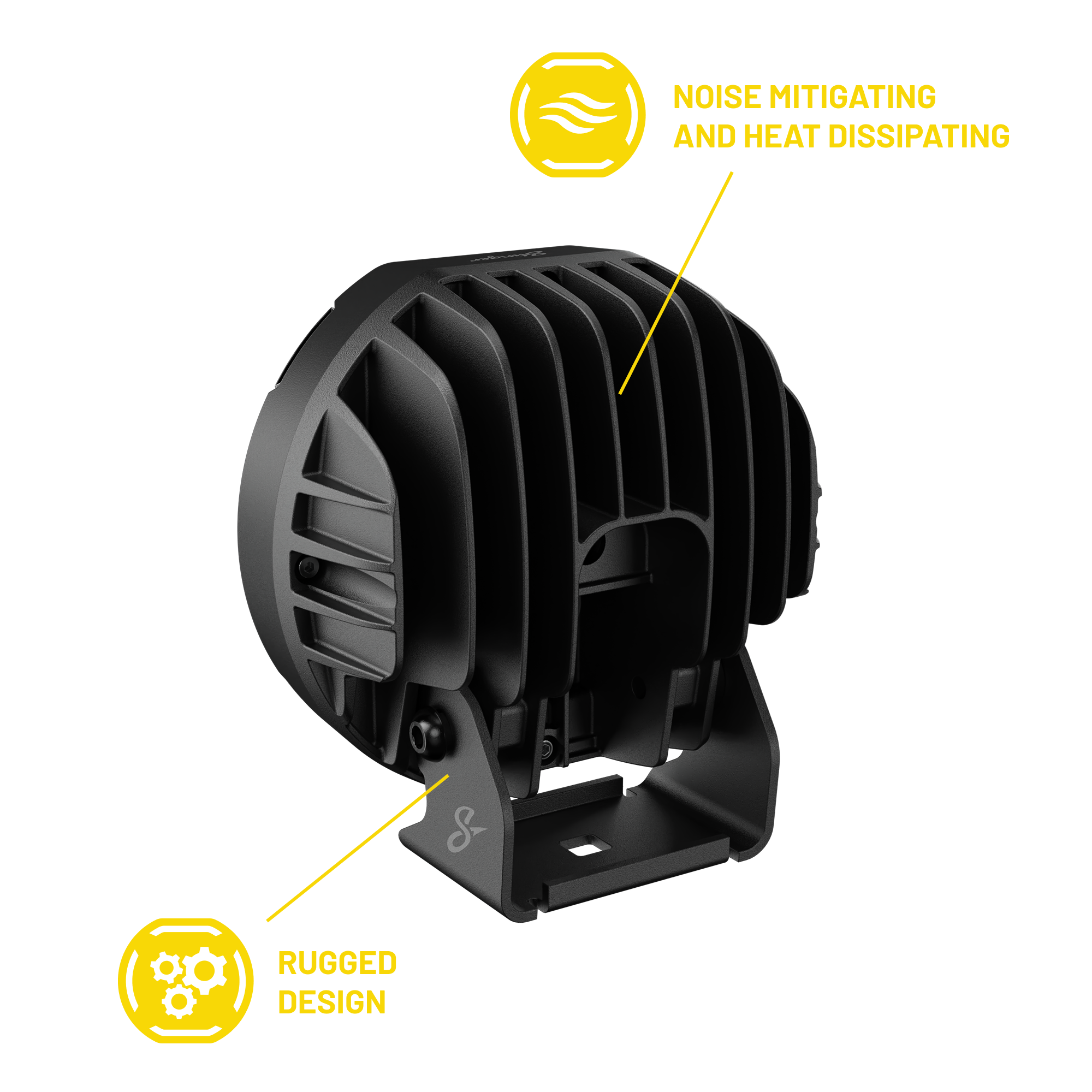 Rear view of a black circular LED work light with cooling fins and a mounting bracket