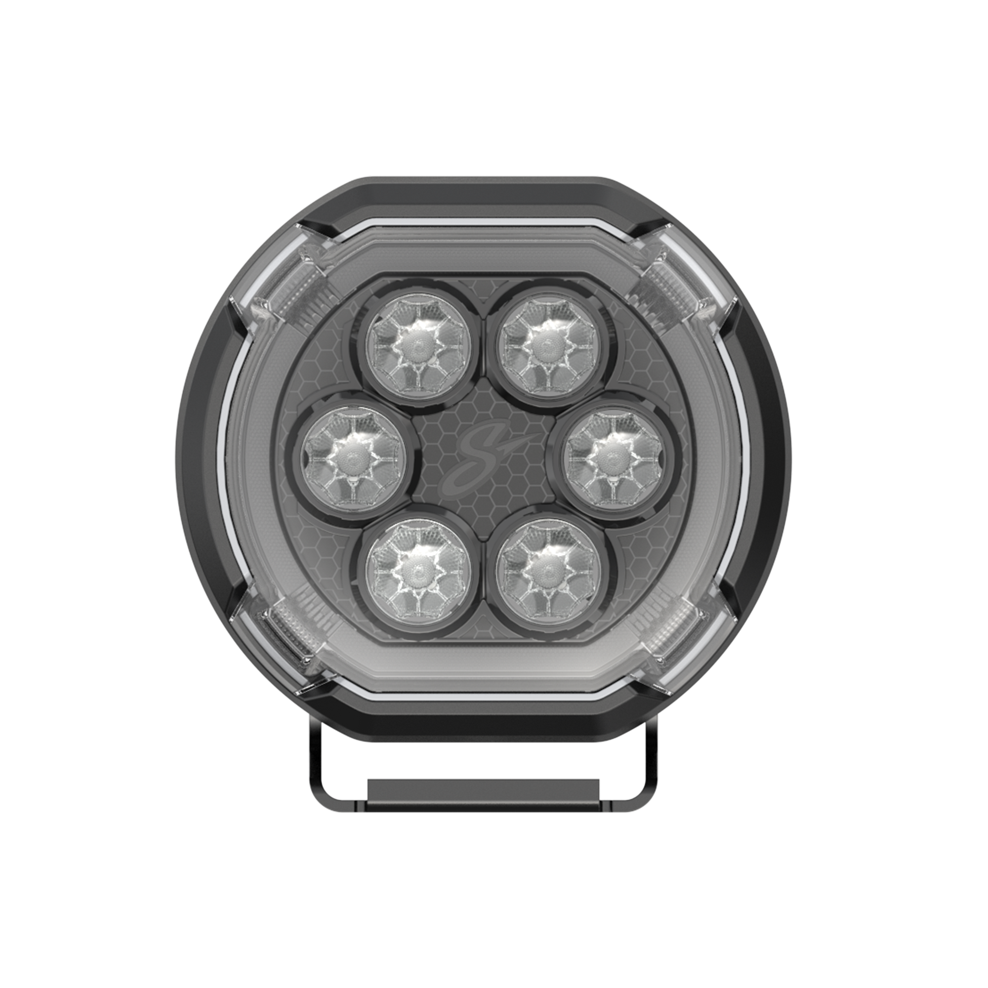 Round LED off road driving light with five circular lenses and black mounting bracket