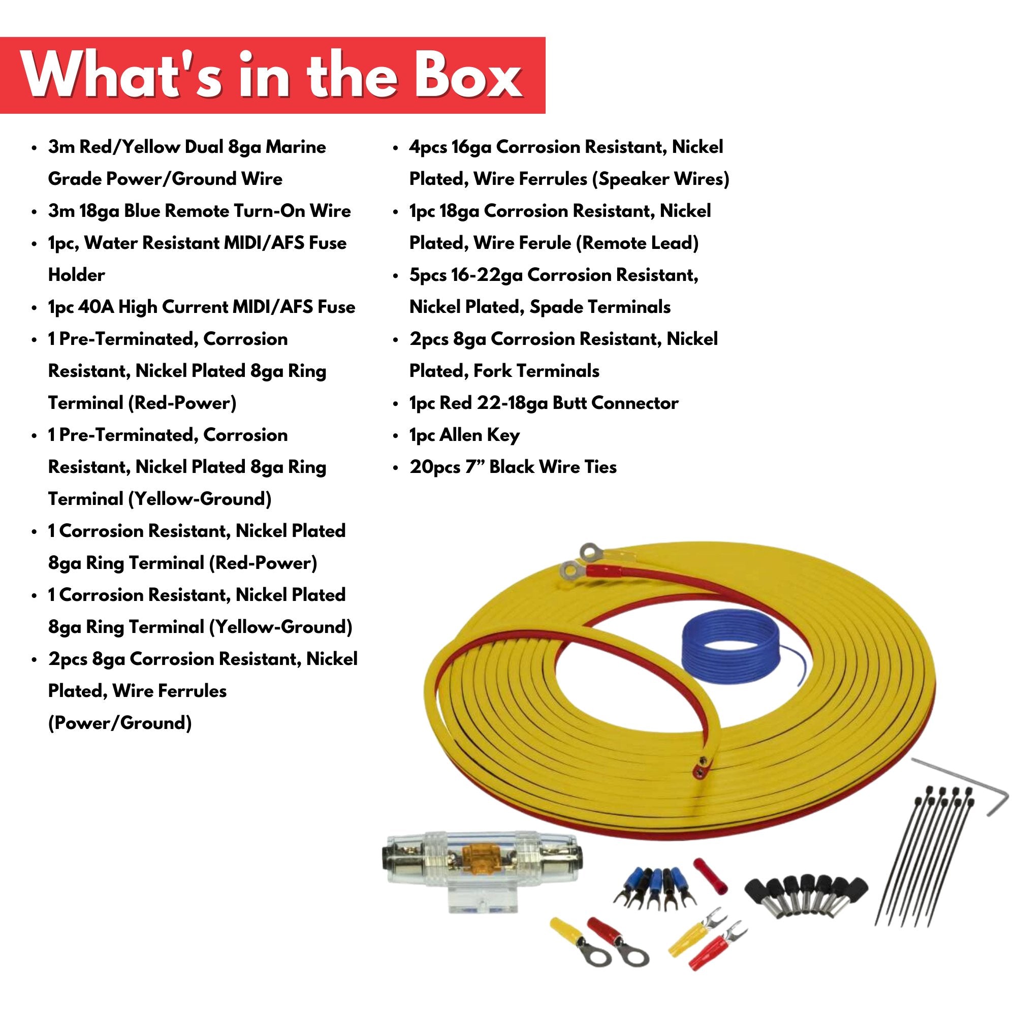 8GA Marine Compliant Wiring Kit With Dual Siamese Power/Ground Wire (7 Meter)