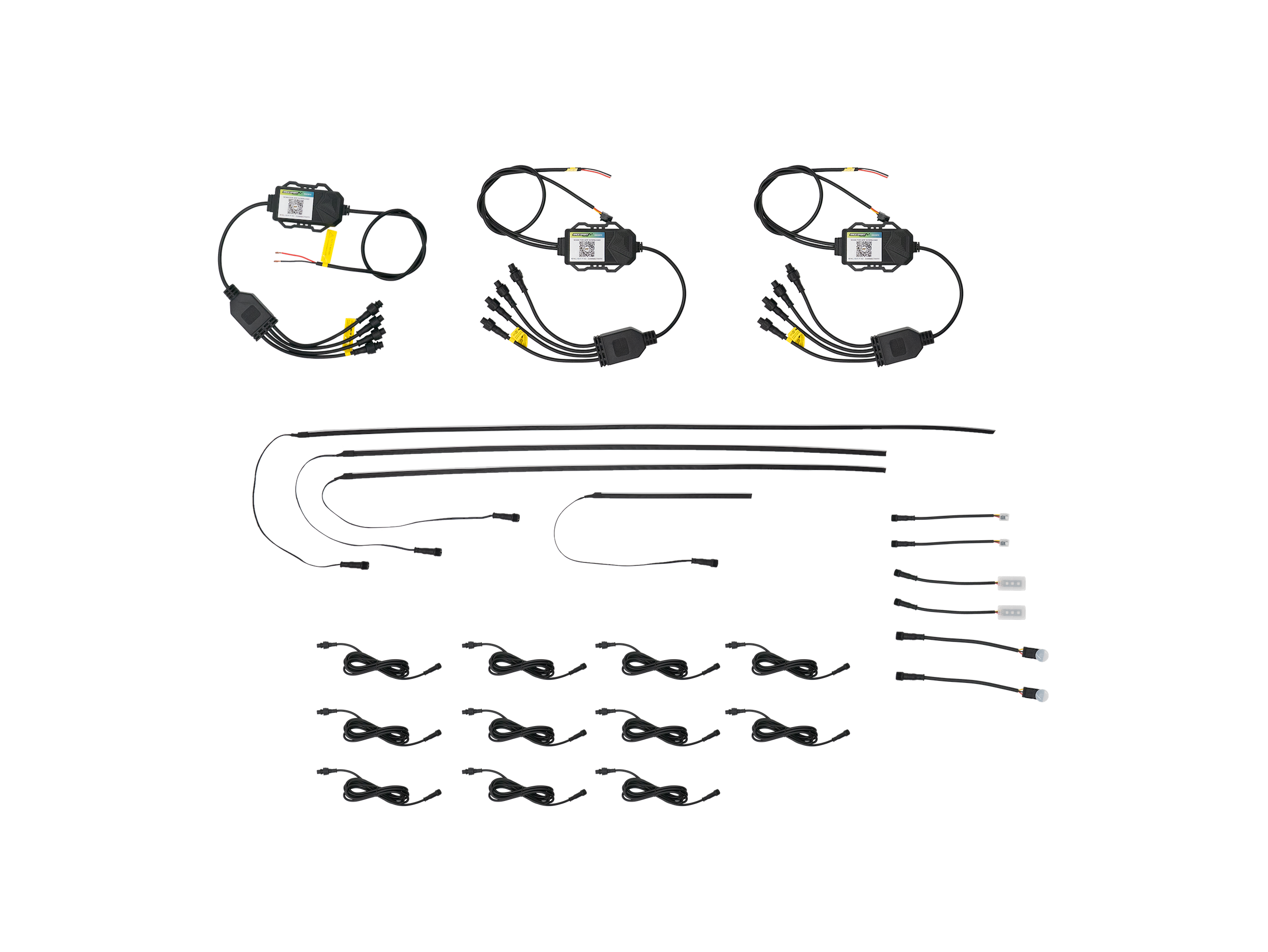 Automotive LED lighting kit components including controllers, wiring harnesses, and LED strips
