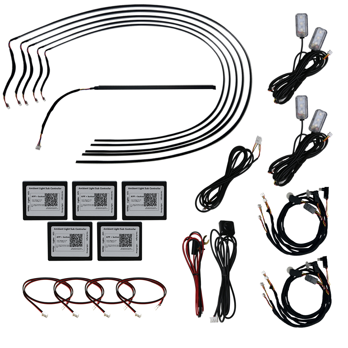 Car ambient lighting kit with LED strips, sub controllers, wiring harnesses, and power cables