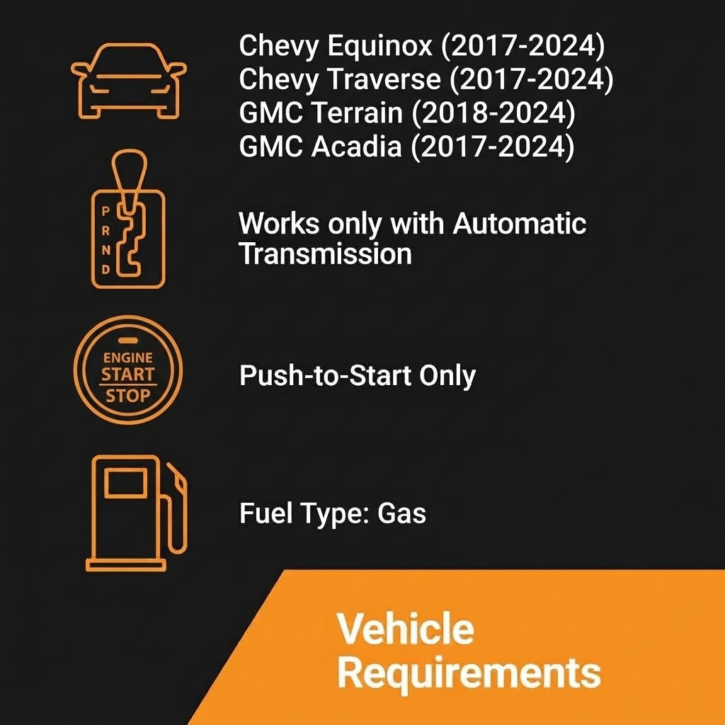 Compatible with Chevy Equinox (2017-2024)", "Chevy Traverse (2017-2024)", "GMC Terrain (2018-2024)", and "GMC Acadia (2017-2024) push to start automatic transmission gas fuel