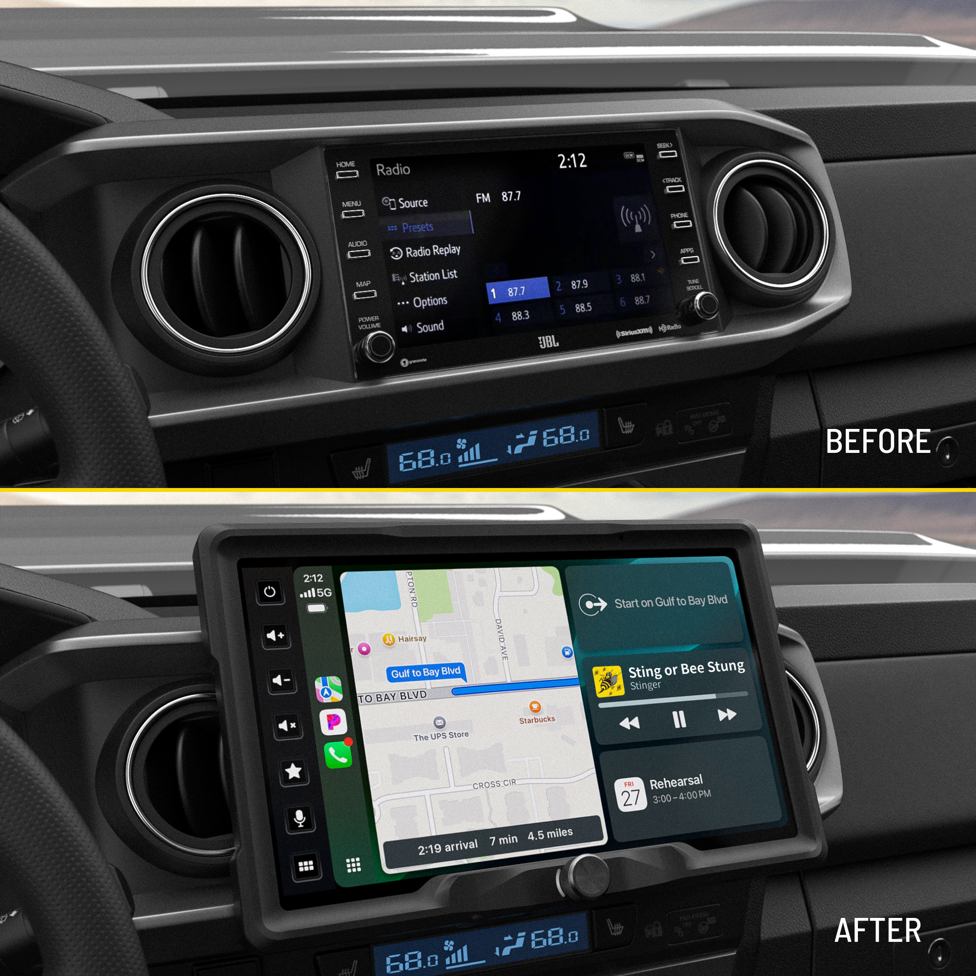 Before and after comparison of a car's horizon12 infotainment system upgrade.