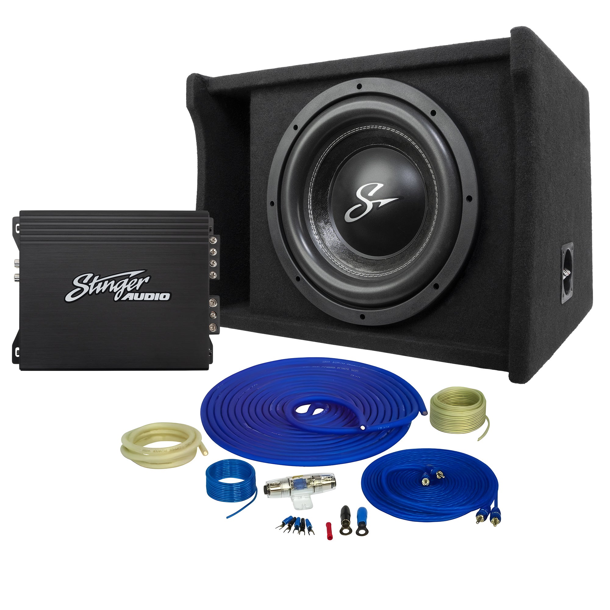 Stinger Audio Party Pack - Single 12" or 10" 700W (RMS)/1200W (Max) Loaded Ported Subwoofer Enclosure + Amplifier + Amp Wiring Kit