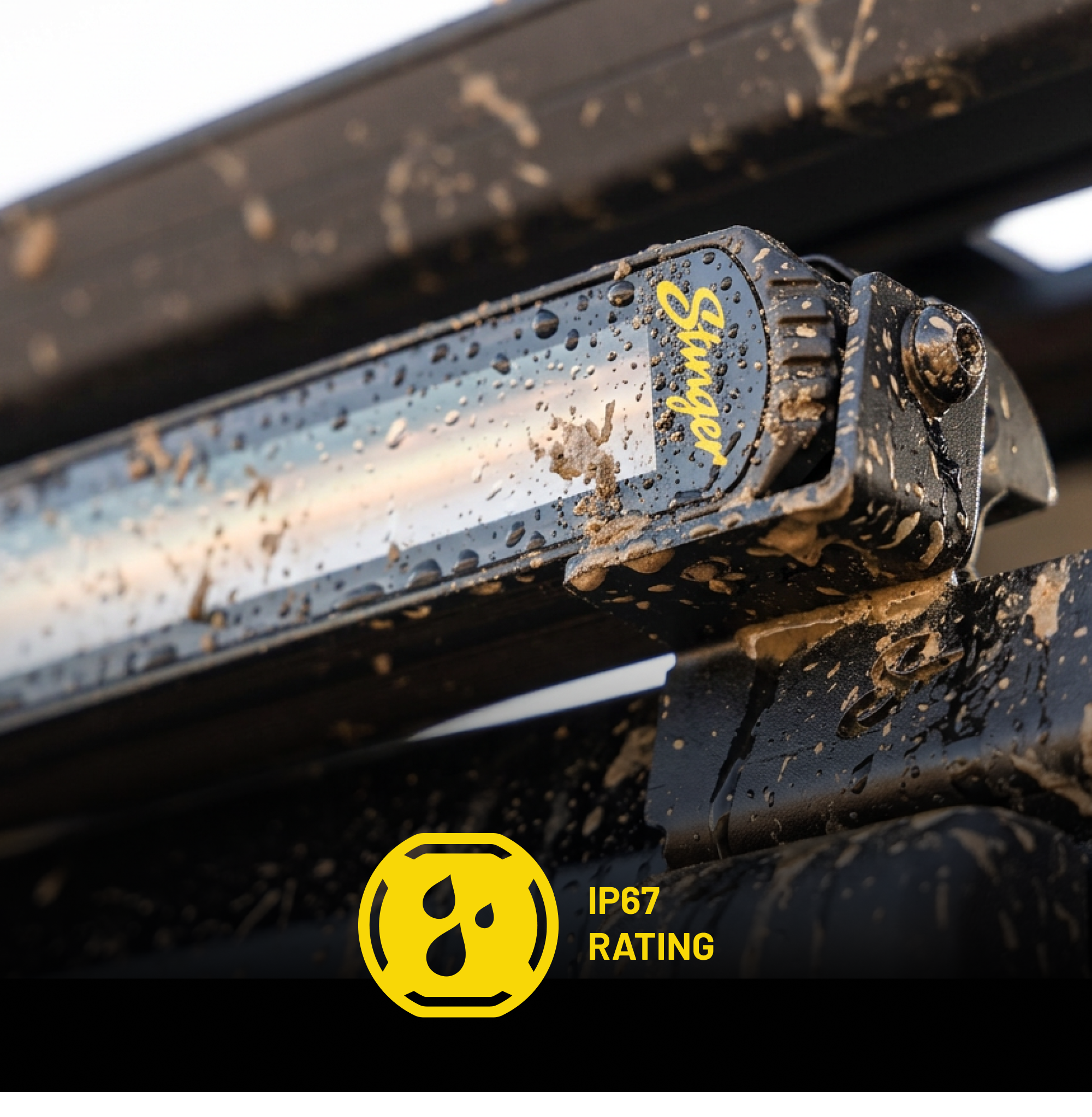 Stinger LED light bar covered in mud with IP67 water resistance rating icon