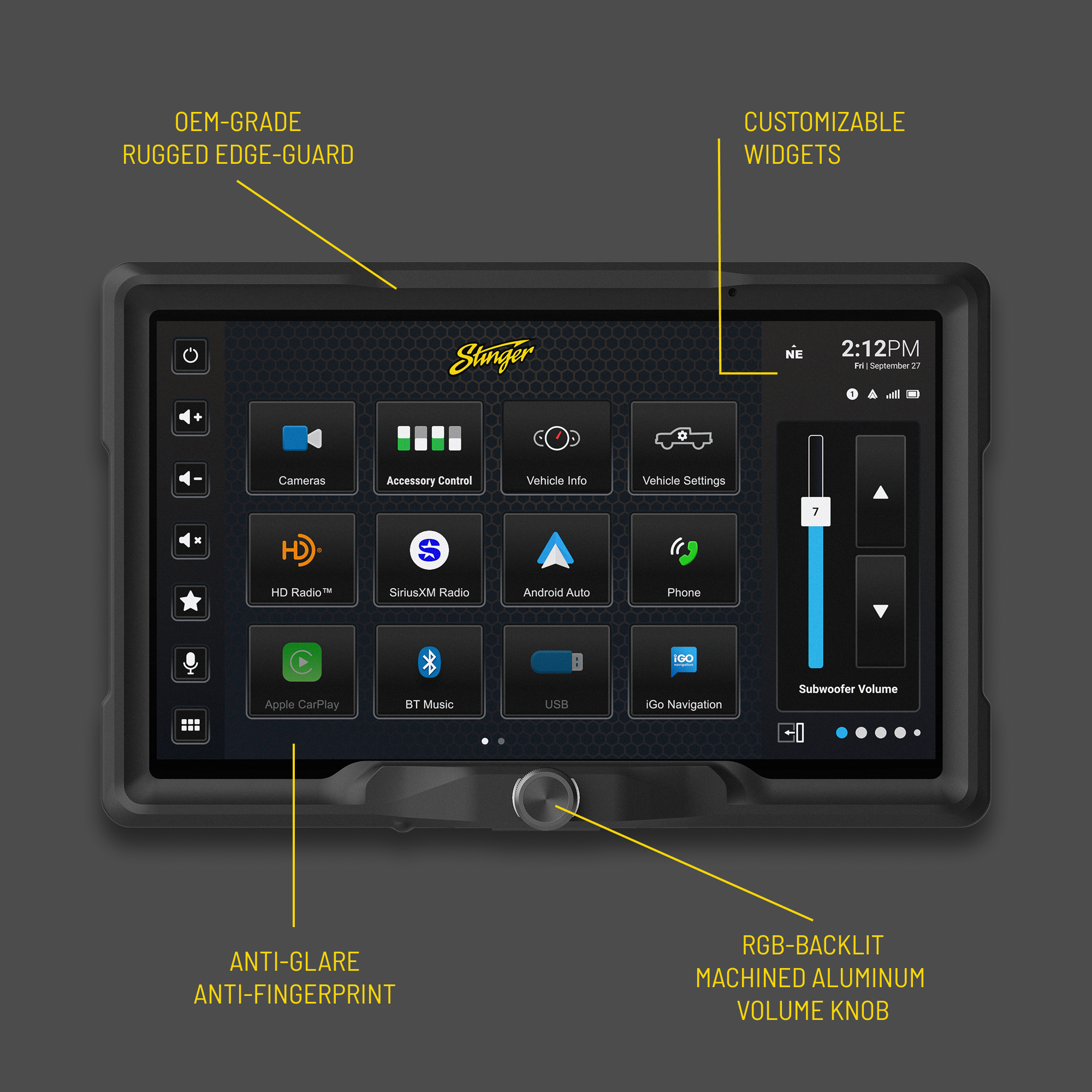 Stinger vehicle infotainment touchscreen display with labeled features including edge guard and volume knob