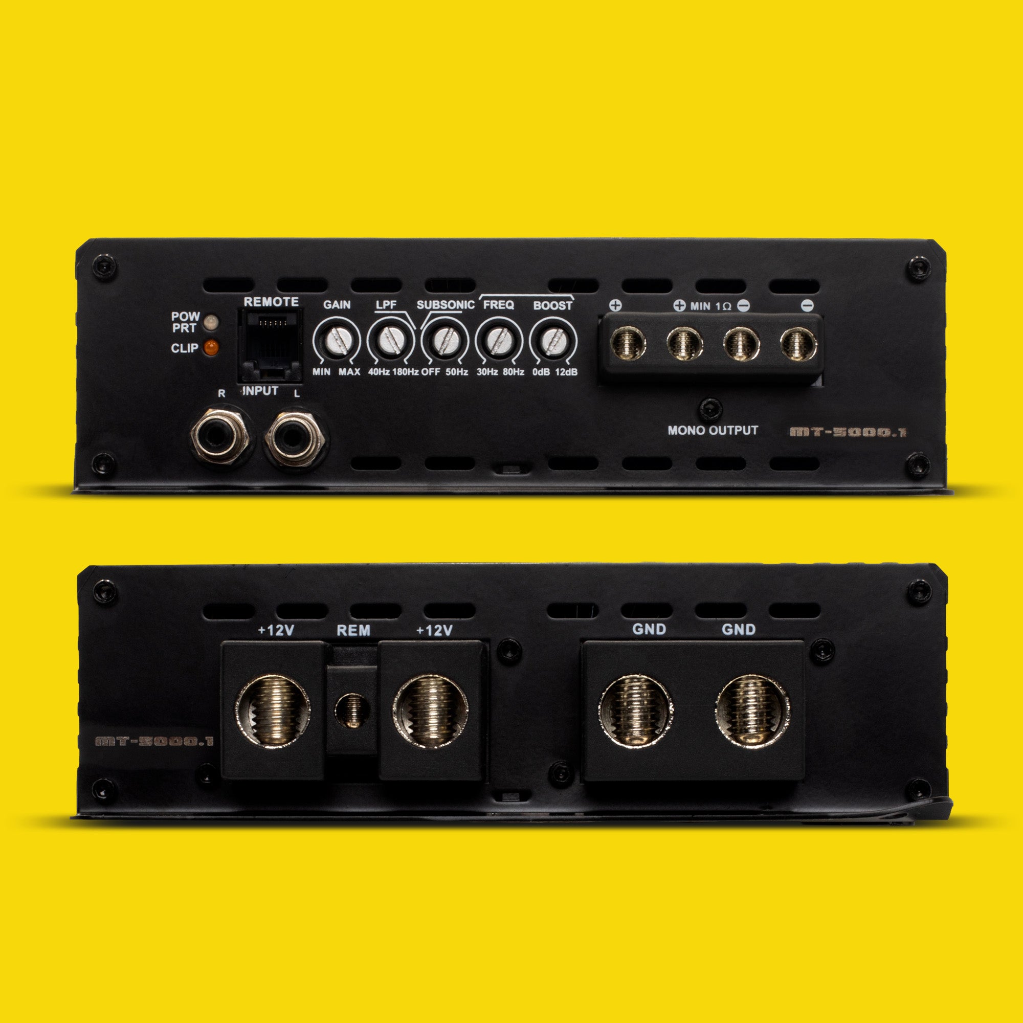 MT-5000.1 amplifier on a yellow background