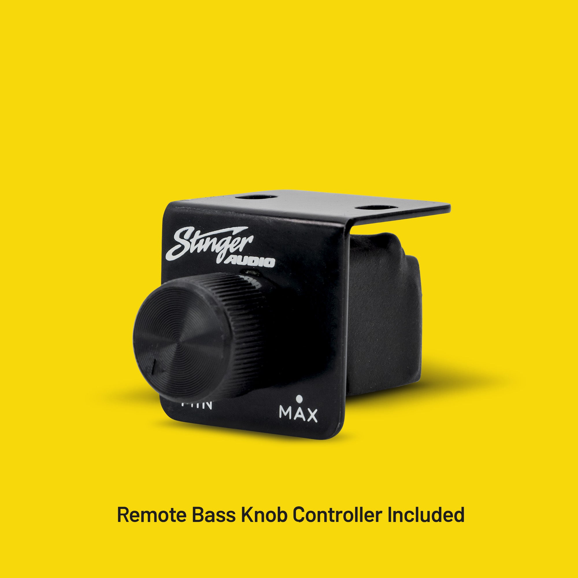 Black remote bass knob controller with 'Stinger Audio' branding on a yellow background