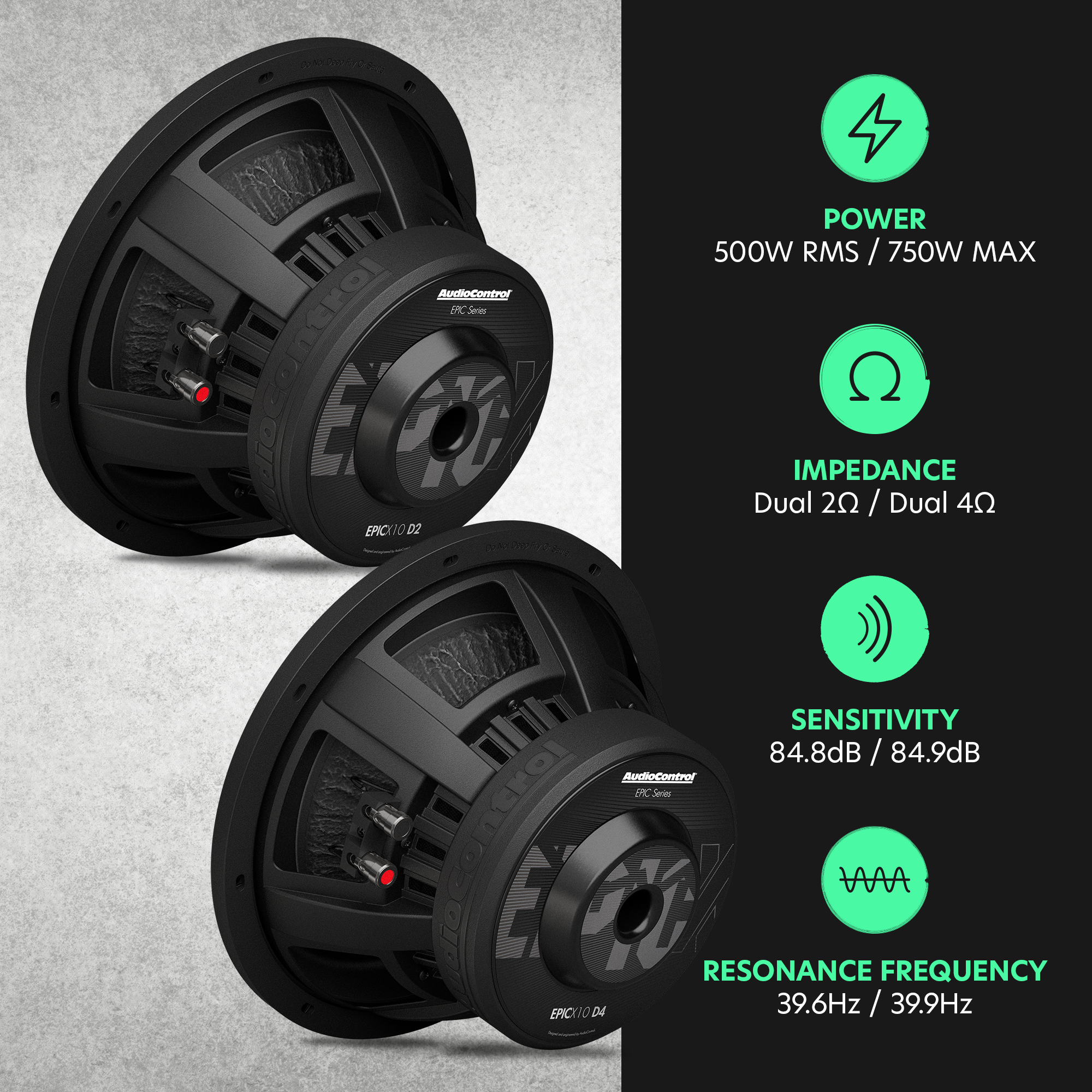 AudioControl EPICX Series 10" Subwoofer, Dual Voice Coil (DVC), 500W RMS/750W Max